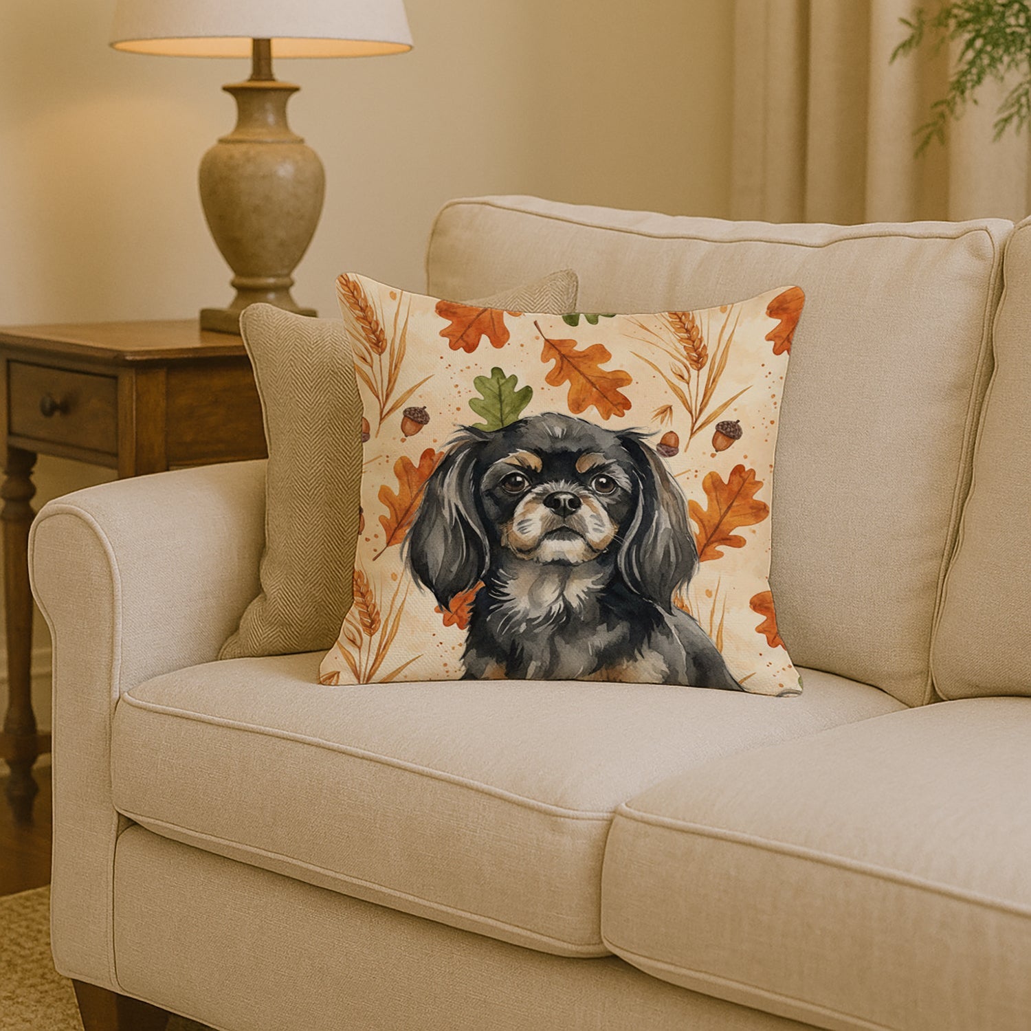 Black and Tan Tibetan Spaniel Heirloom Fall Decorative Throw Pillow 14x14 Indoor Outdoor Accent Cushion, Fabric Cover with Insert for Sofa, Bed, Porch & Living Room