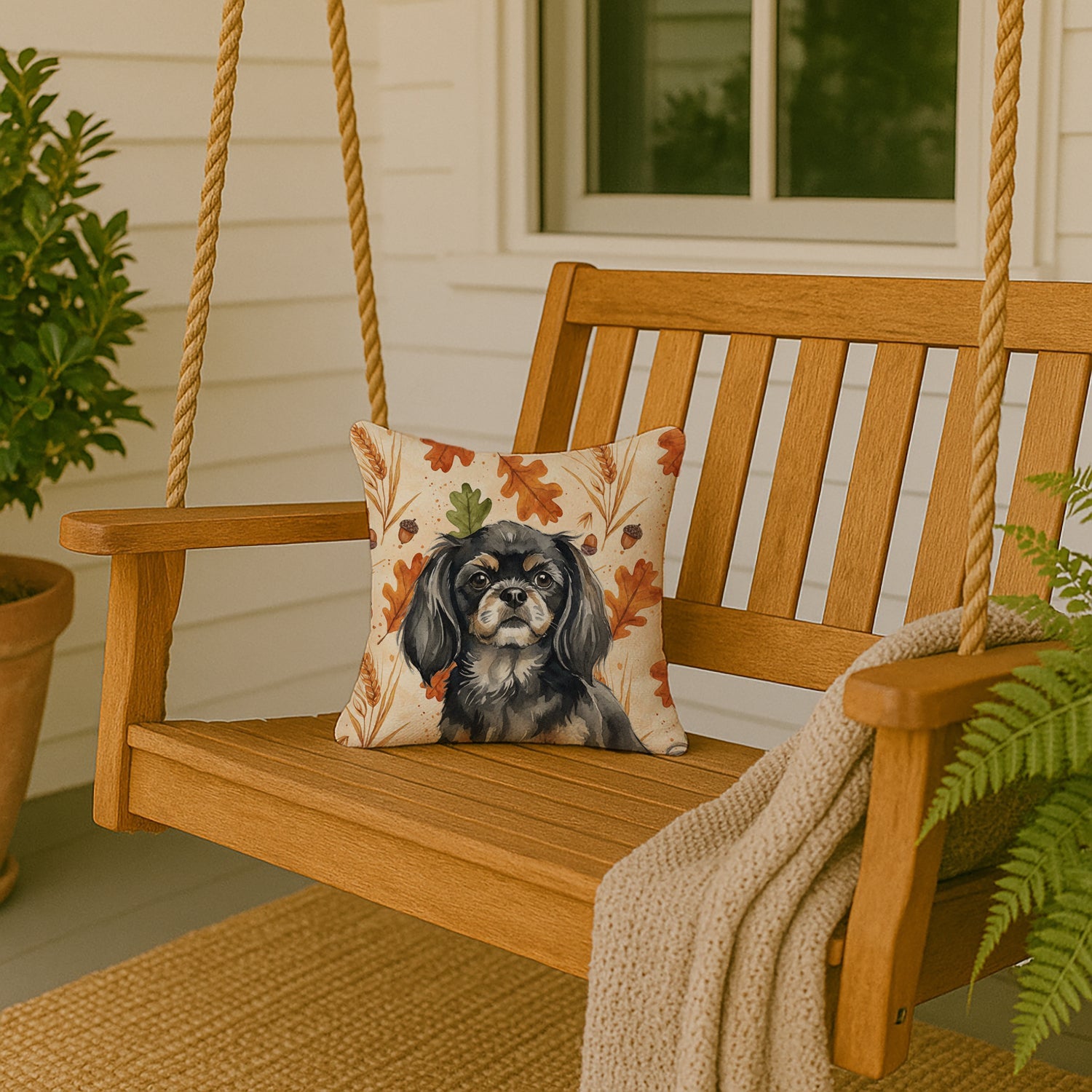 Black and Tan Tibetan Spaniel Heirloom Fall Decorative Throw Pillow 14x14 Indoor Outdoor Accent Cushion, Fabric Cover with Insert for Sofa, Bed, Porch & Living Room