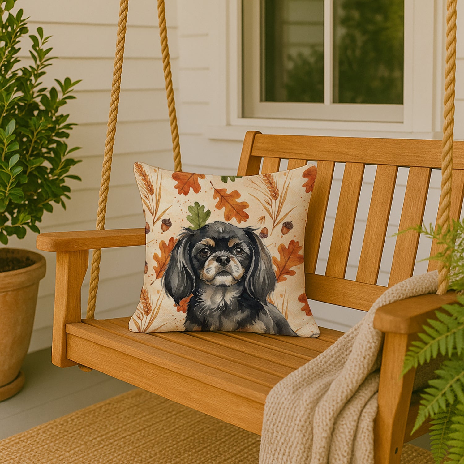 Black and Tan Tibetan Spaniel Heirloom Fall Decorative Throw Pillow 18x18 Indoor Outdoor Accent Cushion, Fabric Cover with Insert for Sofa, Bed, Porch & Living Room