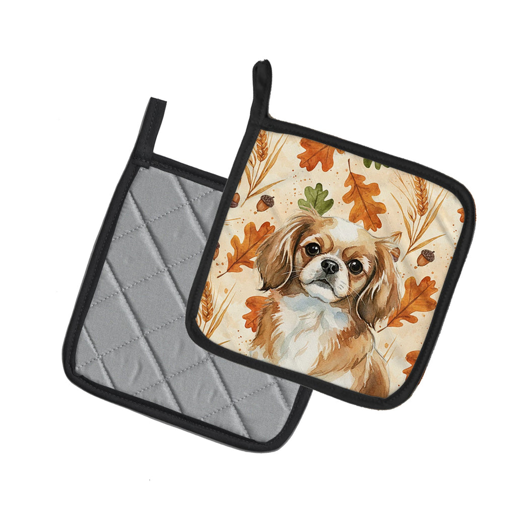 Tibetan Spaniel Heirloom Fall Pot Holder Set of 2 Heat Resistant Quilted Hot Pads 7.5 x 7.5 Inch, Insulated Kitchen Trivets for Cooking & Baking