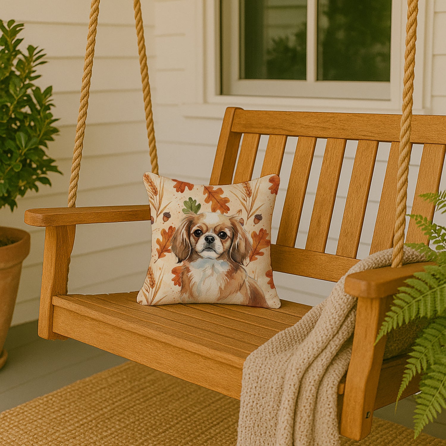 Tibetan Spaniel Heirloom Fall Decorative Throw Pillow 14x14 Indoor Outdoor Accent Cushion, Fabric Cover with Insert for Sofa, Bed, Porch & Living Room