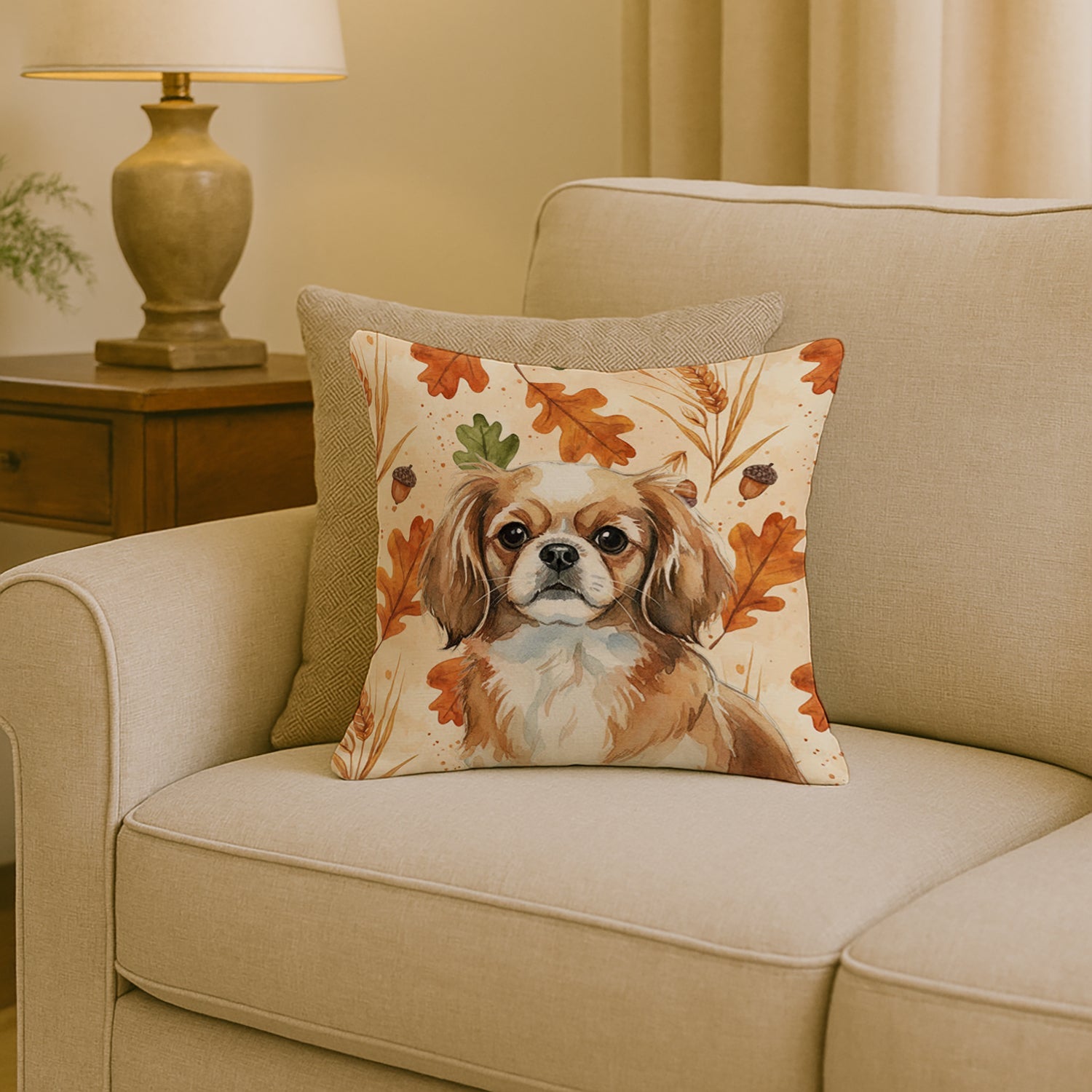 Tibetan Spaniel Heirloom Fall Decorative Throw Pillow 18x18 Indoor Outdoor Accent Cushion, Fabric Cover with Insert for Sofa, Bed, Porch & Living Room