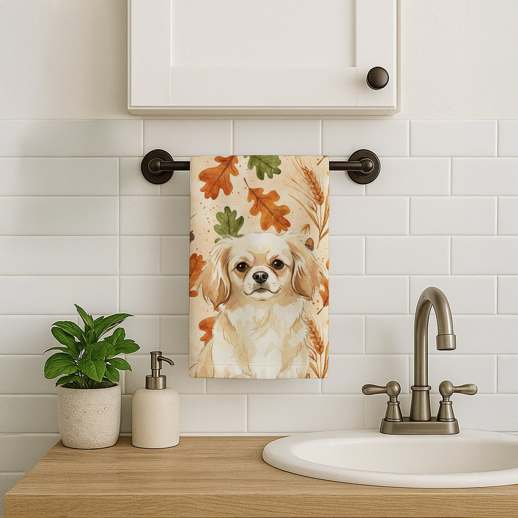 Cream Tibetan Spaniel Heirloom Fall Kitchen Towel Velour Plush Front and Cotton Loop Back Machine Washable