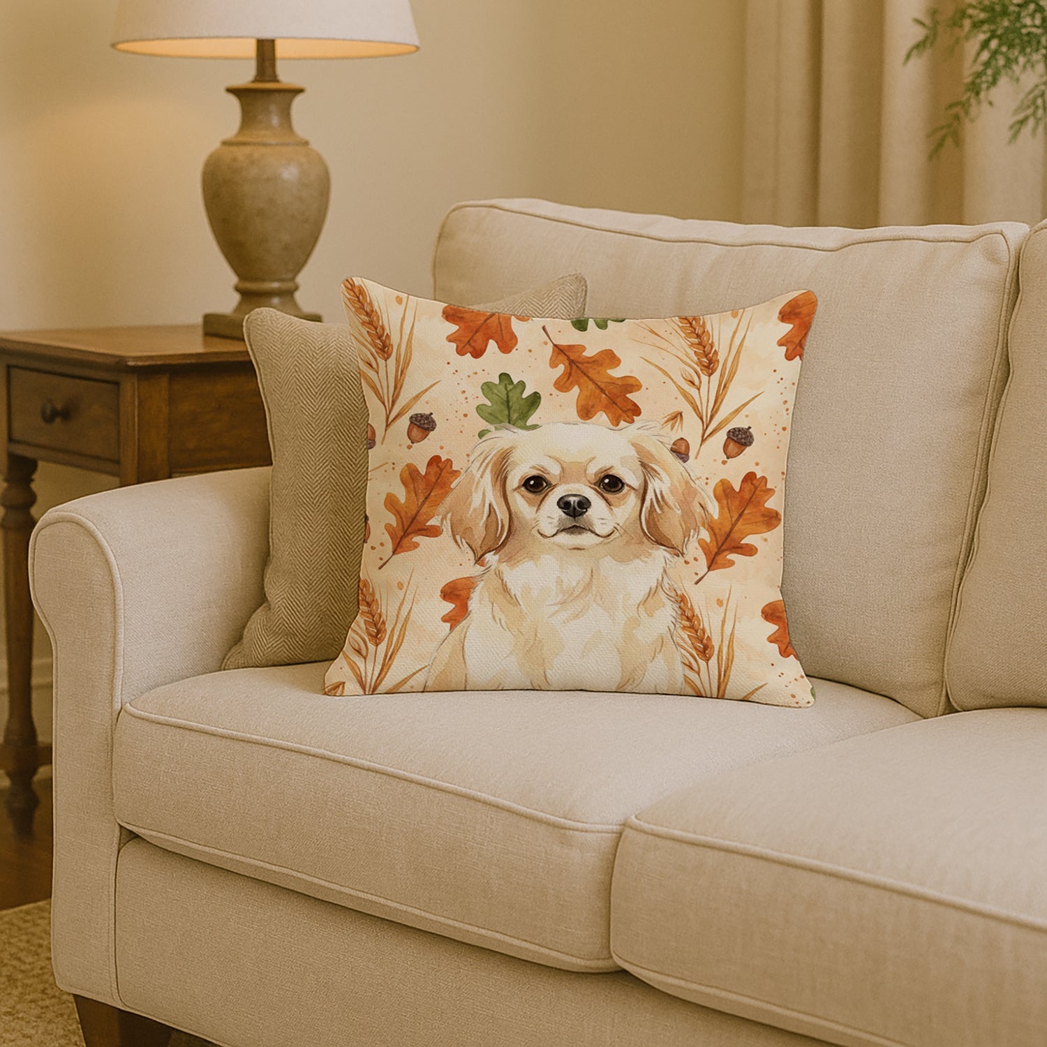 Cream Tibetan Spaniel Heirloom Fall Decorative Throw Pillow 14x14 Indoor Outdoor Accent Cushion, Fabric Cover with Insert for Sofa, Bed, Porch & Living Room