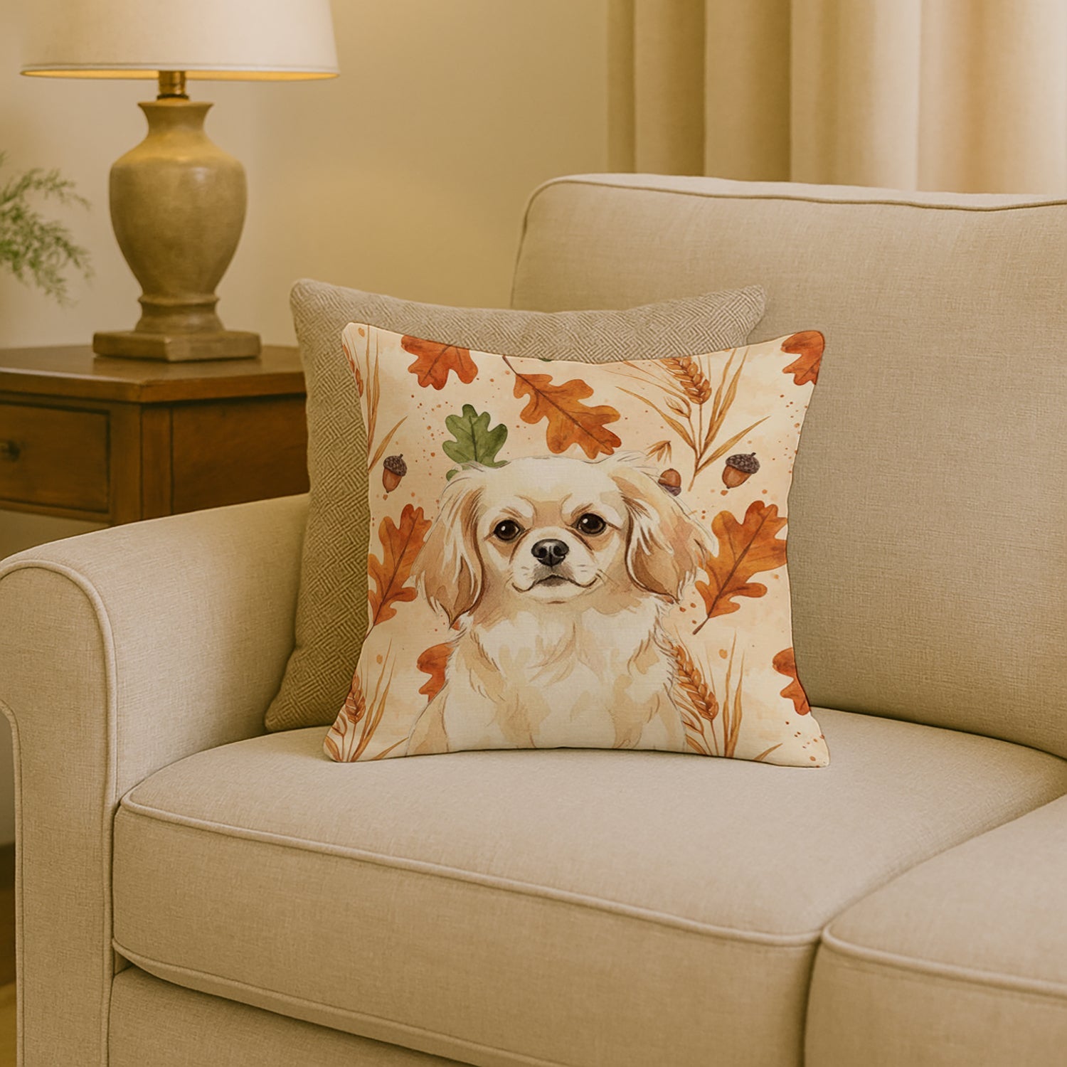 Cream Tibetan Spaniel Heirloom Fall Decorative Throw Pillow 18x18 Indoor Outdoor Accent Cushion, Fabric Cover with Insert for Sofa, Bed, Porch & Living Room
