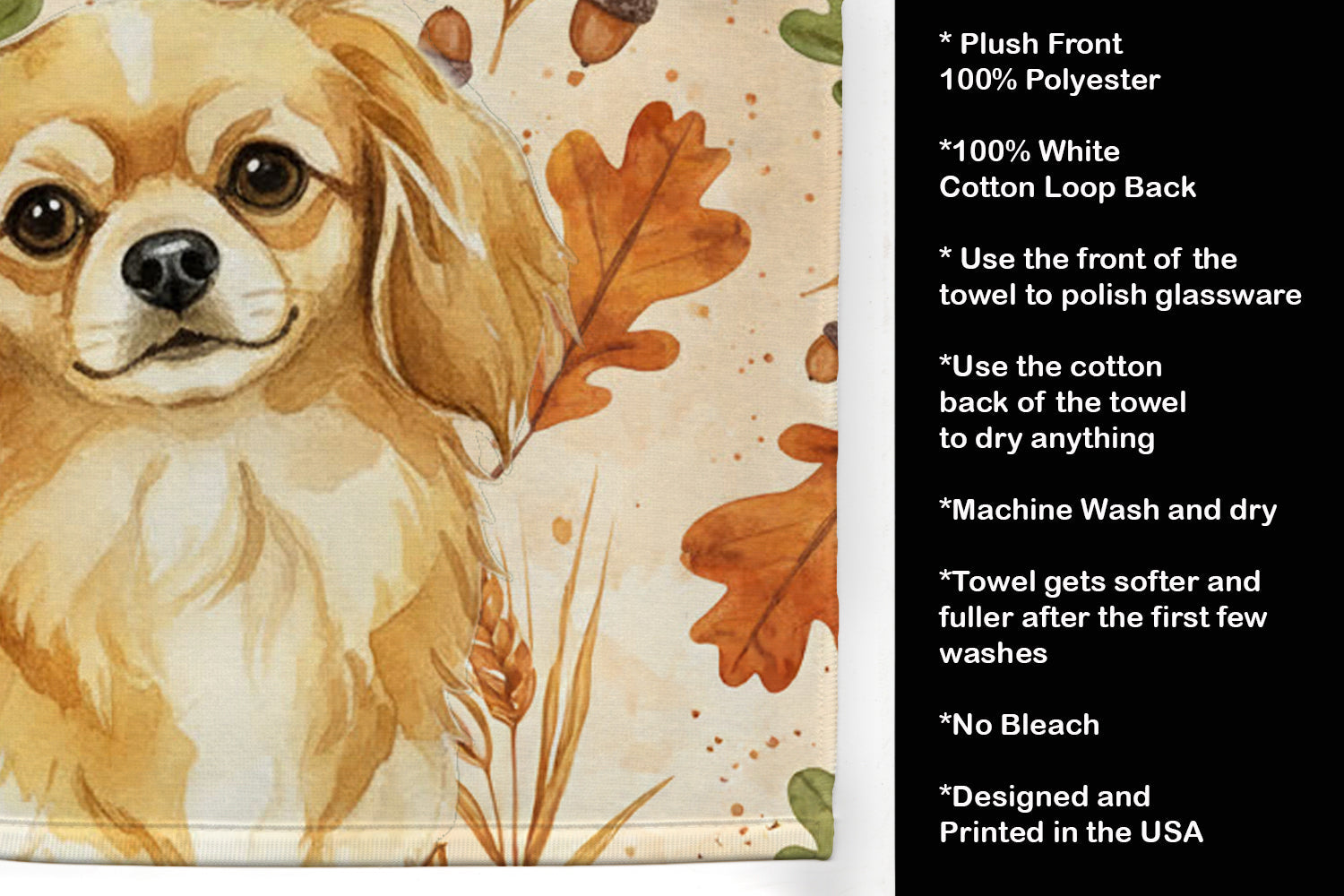 Gold Tibetan Spaniel Heirloom Fall Kitchen Towel Velour Plush Front and Cotton Loop Back Machine Washable