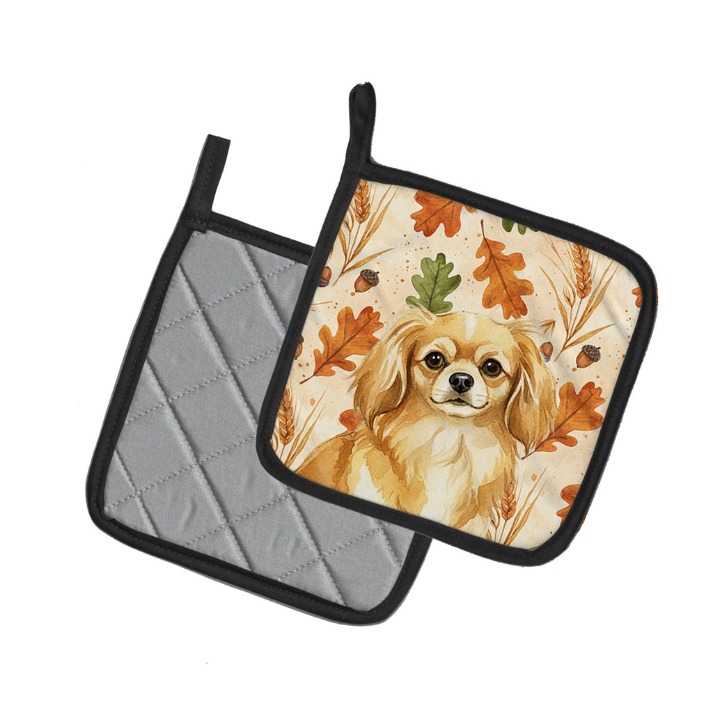 Gold Tibetan Spaniel Heirloom Fall Pot Holder Set of 2 Heat Resistant Quilted Hot Pads 7.5 x 7.5 Inch, Insulated Kitchen Trivets for Cooking & Baking