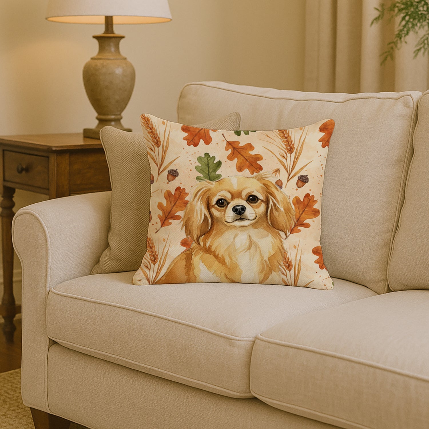 Gold Tibetan Spaniel Heirloom Fall Decorative Throw Pillow 14x14 Indoor Outdoor Accent Cushion, Fabric Cover with Insert for Sofa, Bed, Porch & Living Room