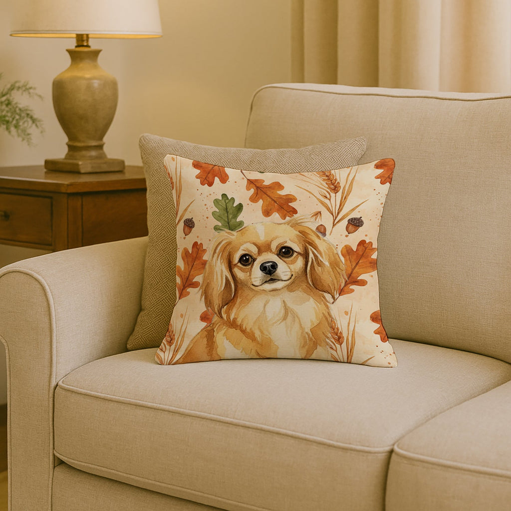 Gold Tibetan Spaniel Heirloom Fall Decorative Throw Pillow 18x18 Indoor Outdoor Accent Cushion, Fabric Cover with Insert for Sofa, Bed, Porch & Living Room