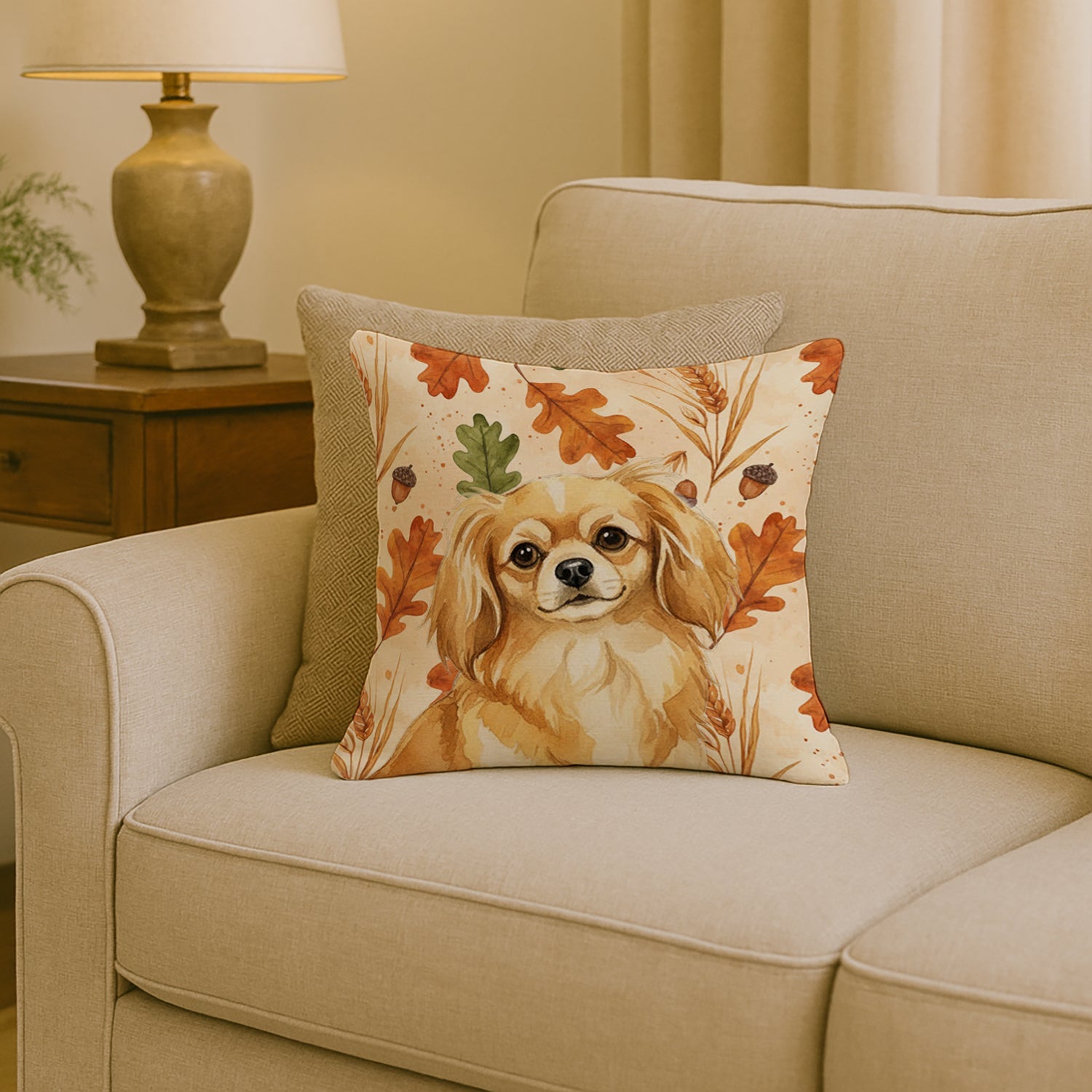 Gold Tibetan Spaniel Heirloom Fall Decorative Throw Pillow 18x18 Indoor Outdoor Accent Cushion, Fabric Cover with Insert for Sofa, Bed, Porch & Living Room