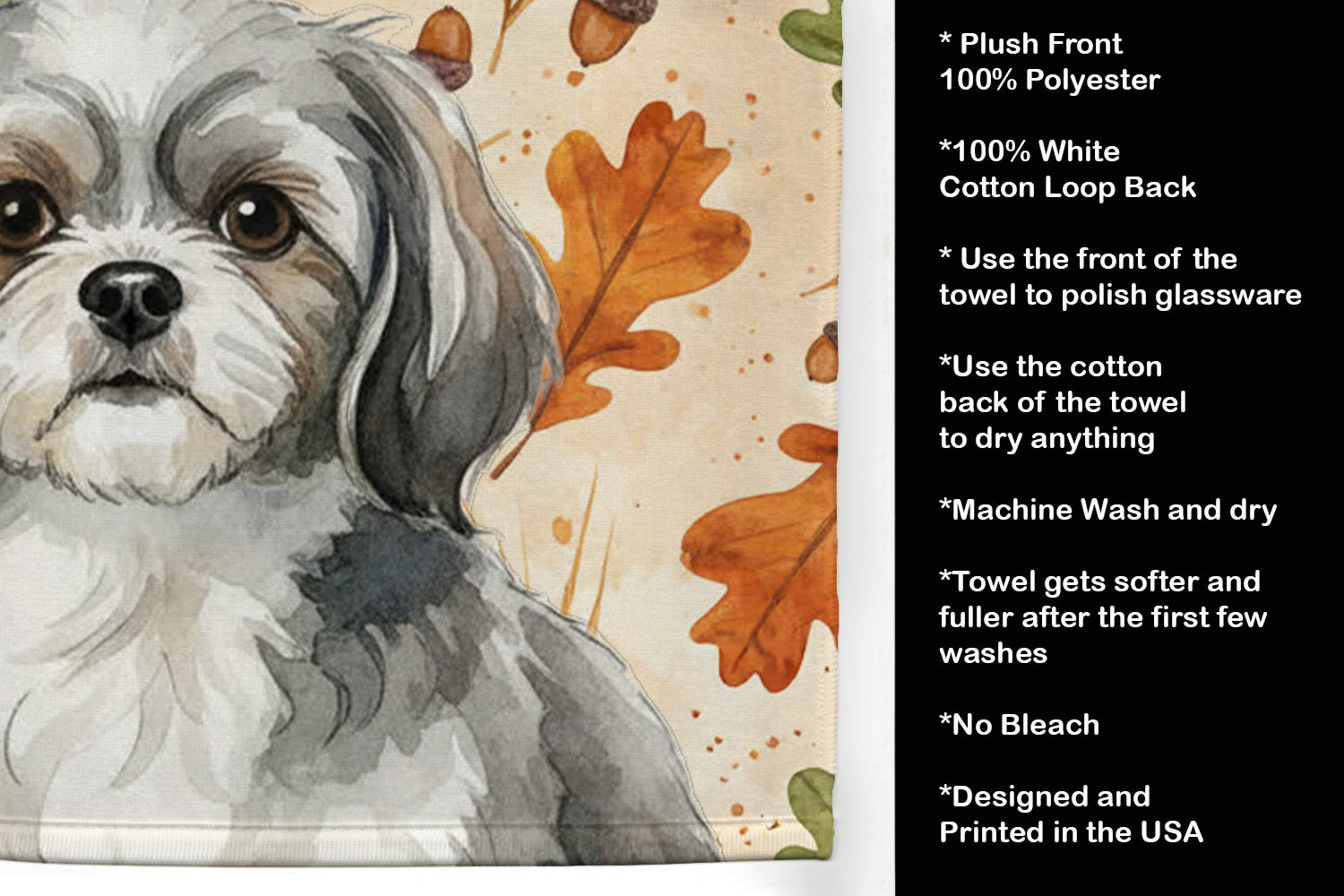 Grey and White Tibetan Spaniel Heirloom Fall Kitchen Towel Velour Plush Front and Cotton Loop Back Machine Washable