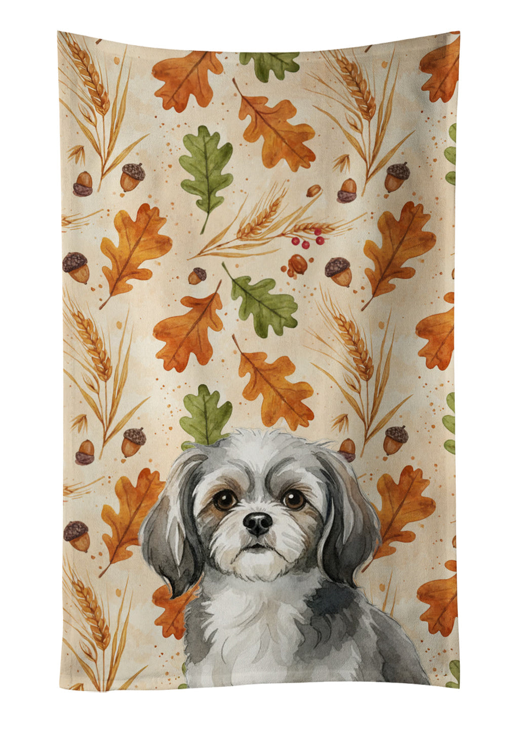 Grey and White Tibetan Spaniel Heirloom Fall Kitchen Towel Velour Plush Front and Cotton Loop Back Machine Washable