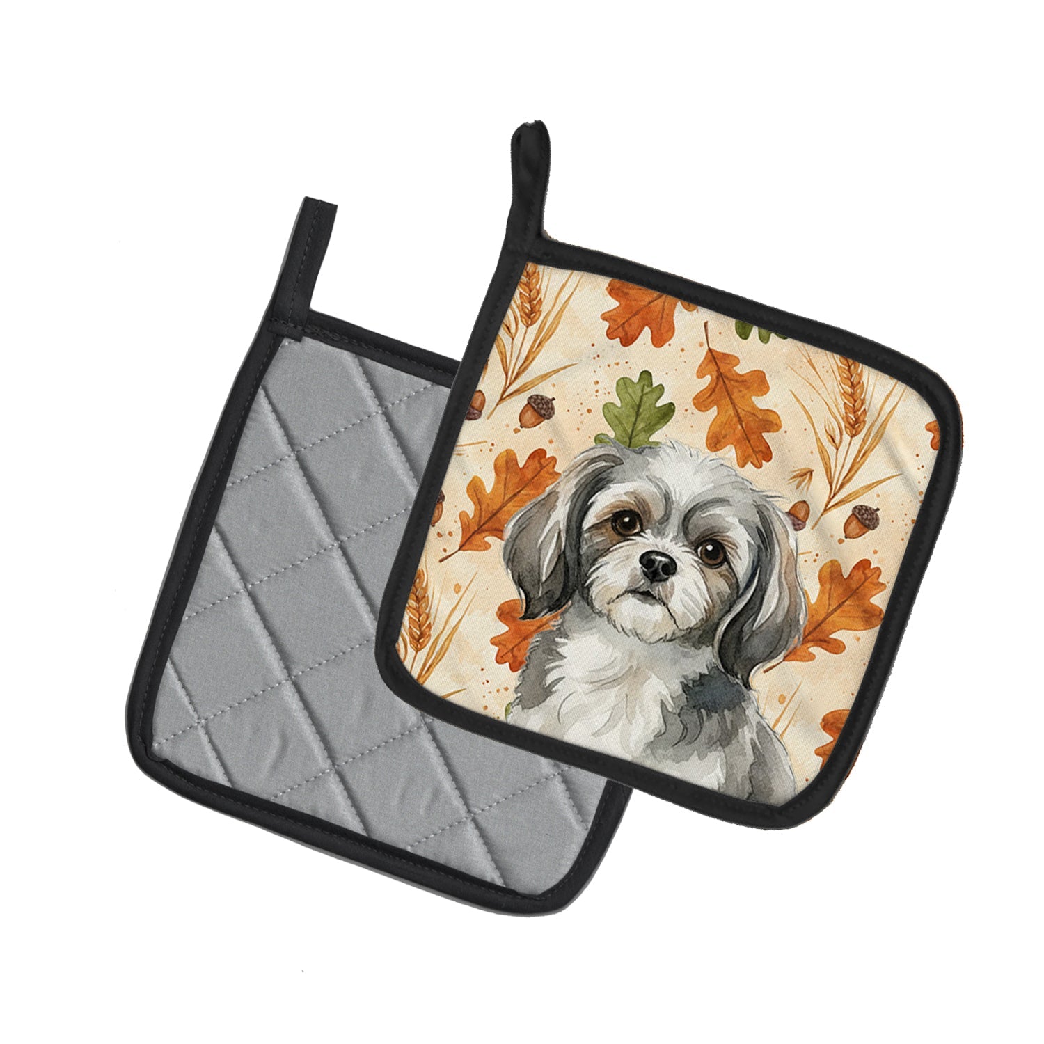Grey and White Tibetan Spaniel Heirloom Fall Pot Holder Set of 2 Heat Resistant Quilted Hot Pads 7.5 x 7.5 Inch, Insulated Kitchen Trivets for Cooking & Baking
