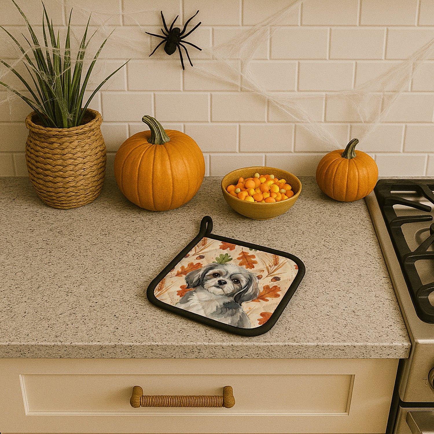 Grey and White Tibetan Spaniel Heirloom Fall Pot Holder Set of 2 Heat Resistant Quilted Hot Pads 7.5 x 7.5 Inch, Insulated Kitchen Trivets for Cooking & Baking