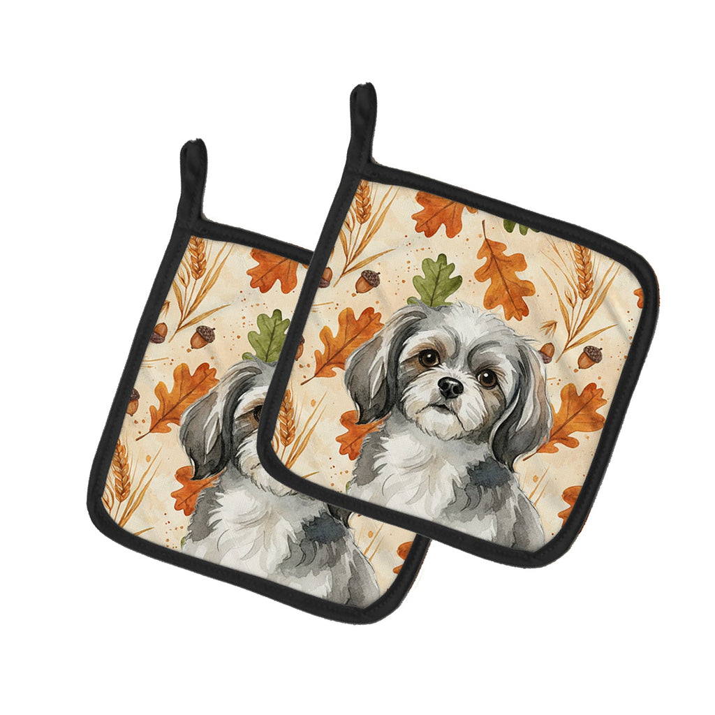 Grey and White Tibetan Spaniel Heirloom Fall Pot Holder Set of 2 Heat Resistant Quilted Hot Pads 7.5 x 7.5 Inch, Insulated Kitchen Trivets for Cooking & Baking