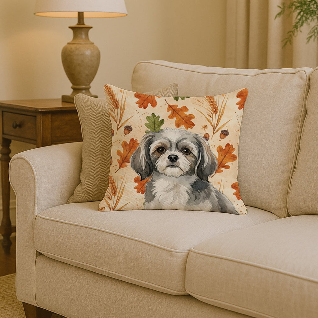 Grey and White Tibetan Spaniel Heirloom Fall Decorative Throw Pillow 14x14 Indoor Outdoor Accent Cushion, Fabric Cover with Insert for Sofa, Bed, Porch & Living Room