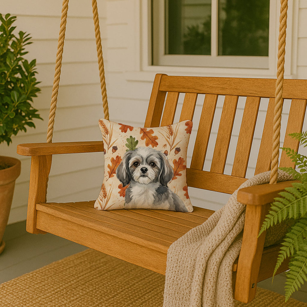 Grey and White Tibetan Spaniel Heirloom Fall Decorative Throw Pillow 14x14 Indoor Outdoor Accent Cushion, Fabric Cover with Insert for Sofa, Bed, Porch & Living Room