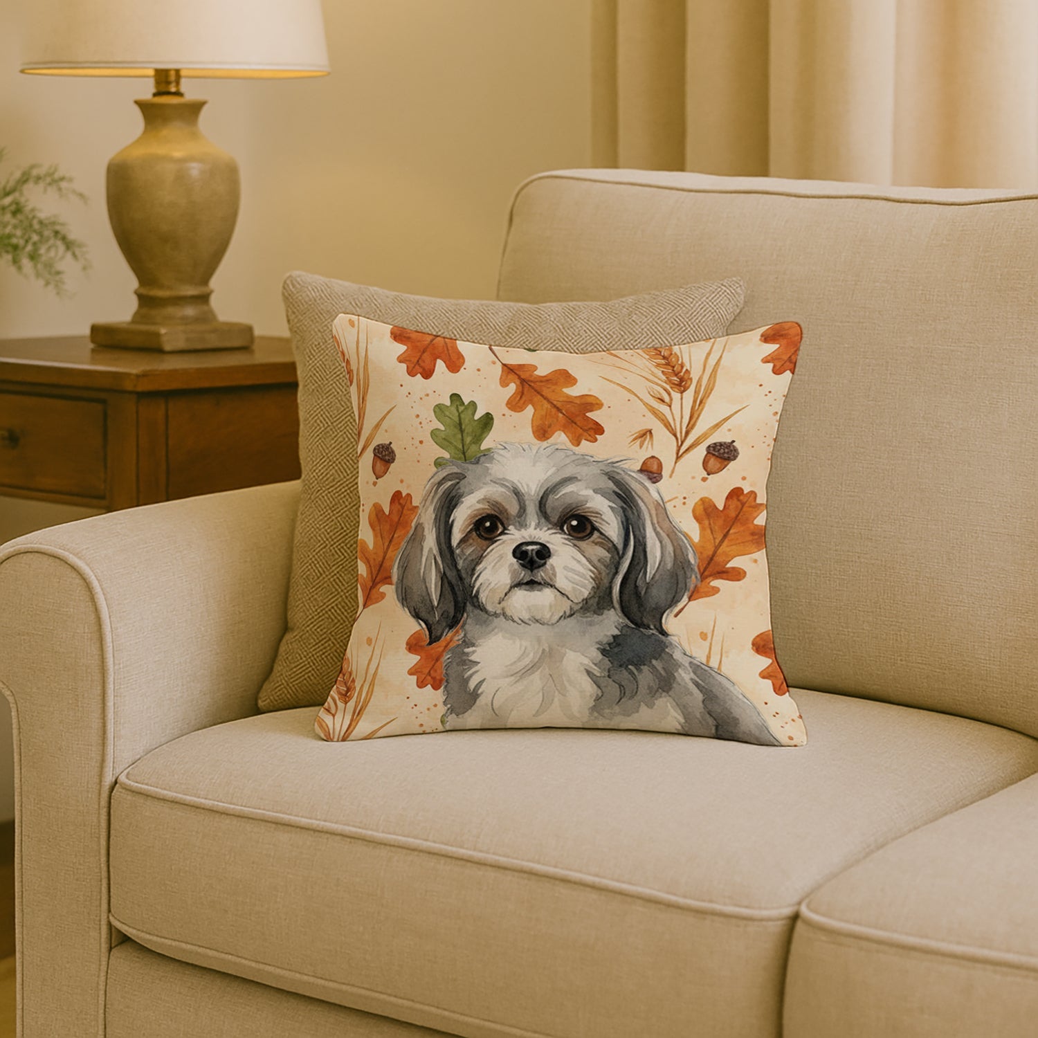 Grey and White Tibetan Spaniel Heirloom Fall Decorative Throw Pillow 18x18 Indoor Outdoor Accent Cushion, Fabric Cover with Insert for Sofa, Bed, Porch & Living Room