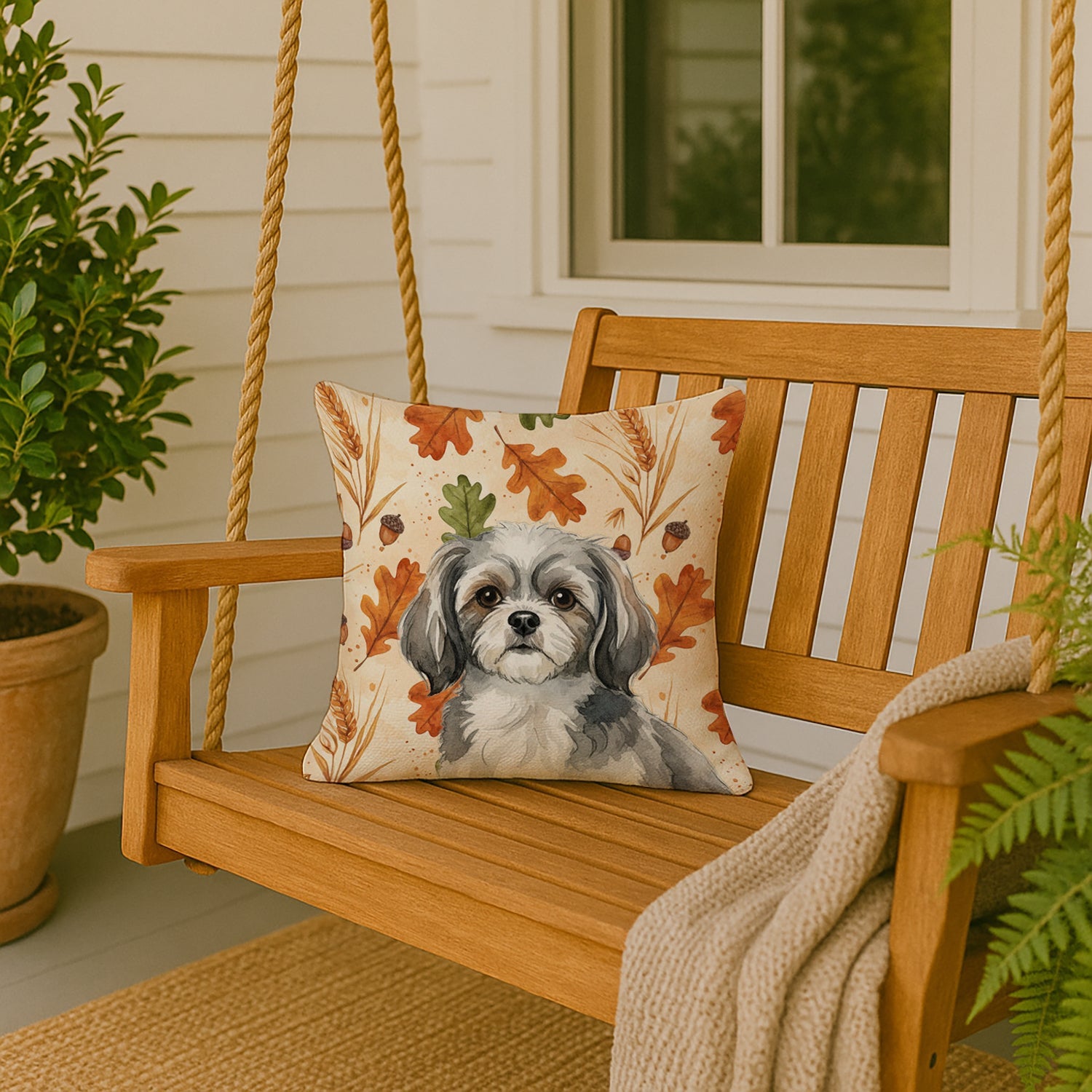 Grey and White Tibetan Spaniel Heirloom Fall Decorative Throw Pillow 18x18 Indoor Outdoor Accent Cushion, Fabric Cover with Insert for Sofa, Bed, Porch & Living Room
