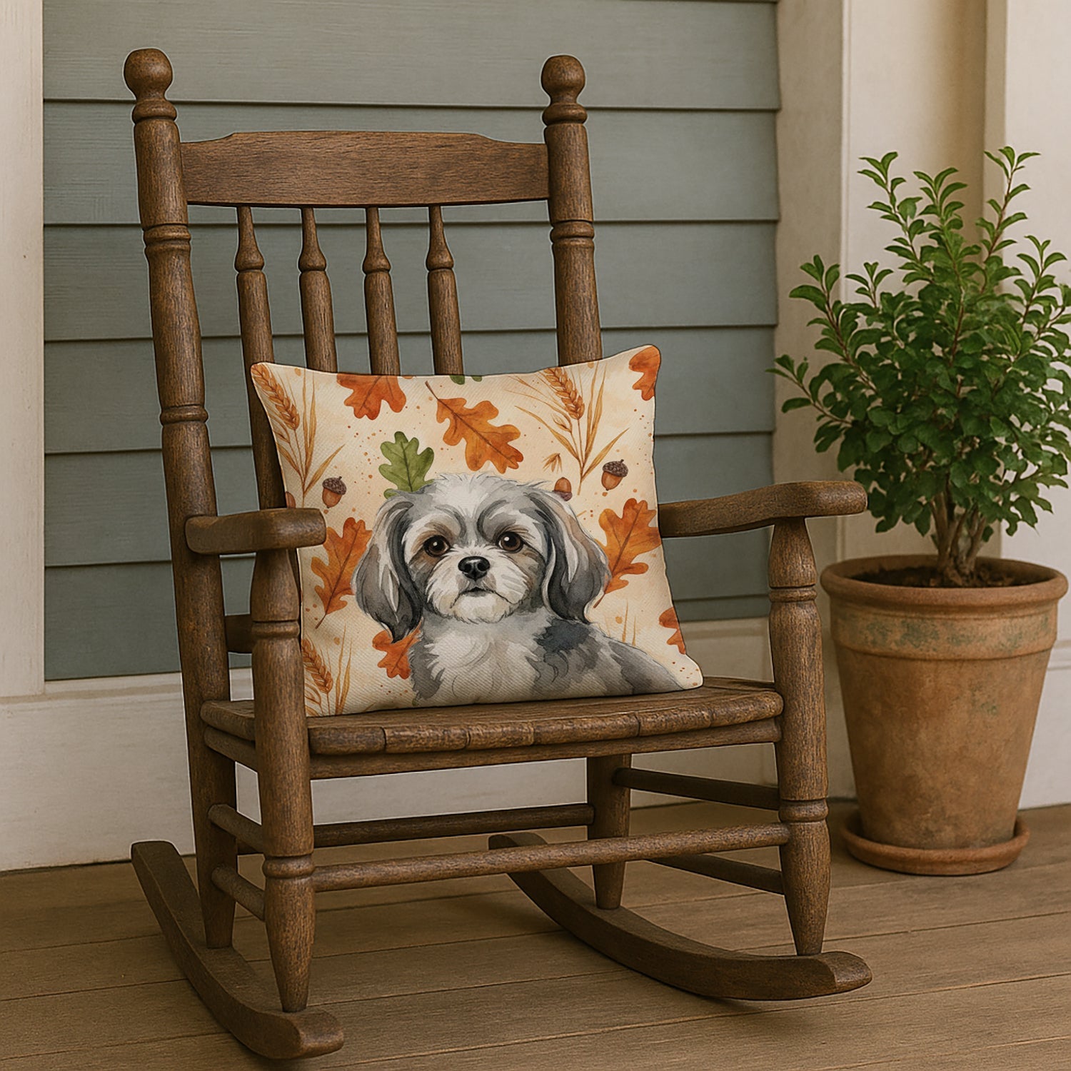 Grey and White Tibetan Spaniel Heirloom Fall Decorative Throw Pillow 18x18 Indoor Outdoor Accent Cushion, Fabric Cover with Insert for Sofa, Bed, Porch & Living Room