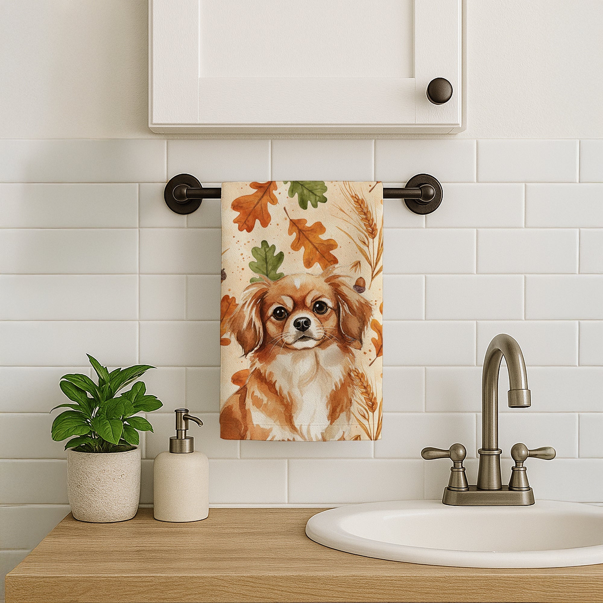 Red Tibetan Spaniel Heirloom Fall Kitchen Towel Velour Plush Front and Cotton Loop Back Machine Washable