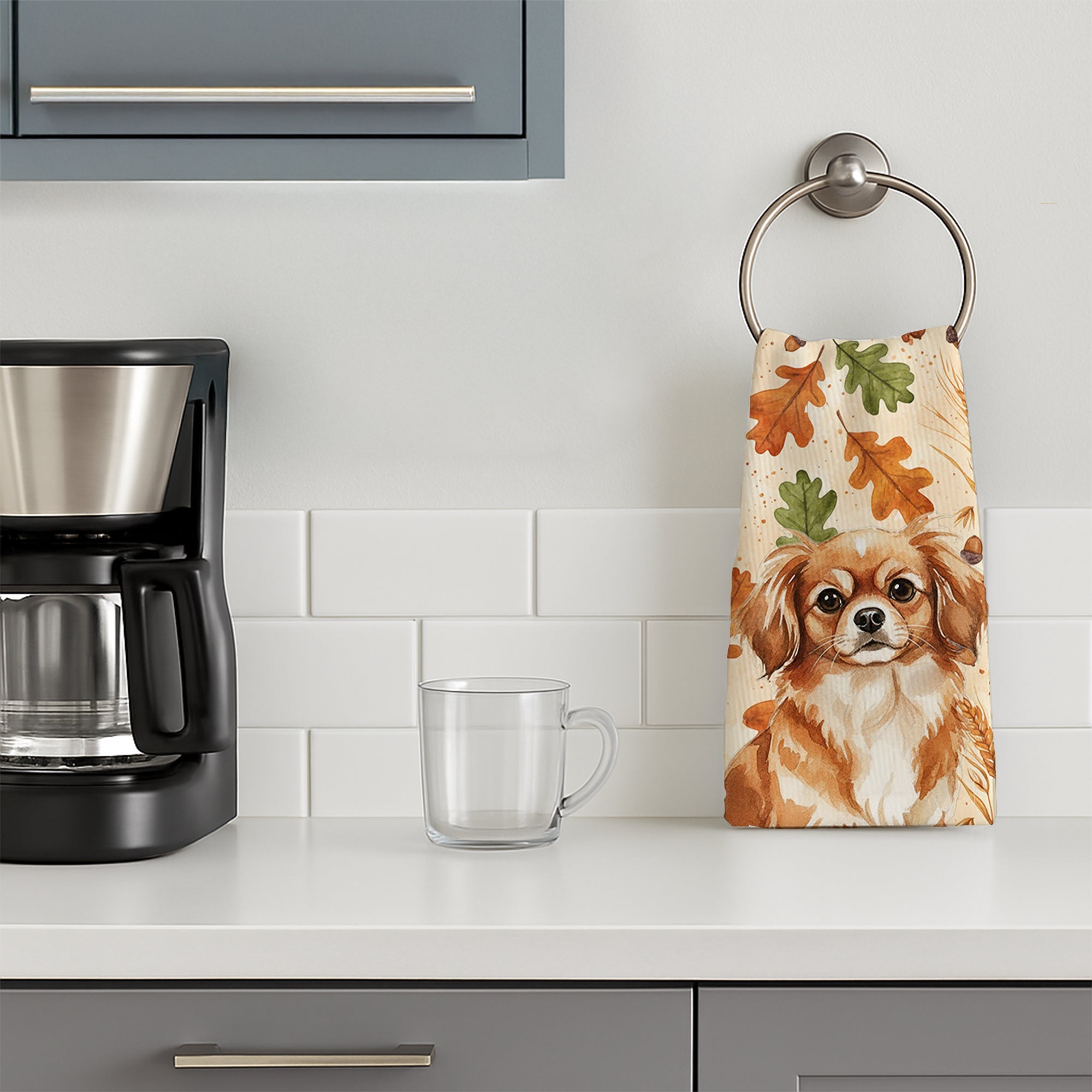 Red Tibetan Spaniel Heirloom Fall Kitchen Towel Velour Plush Front and Cotton Loop Back Machine Washable