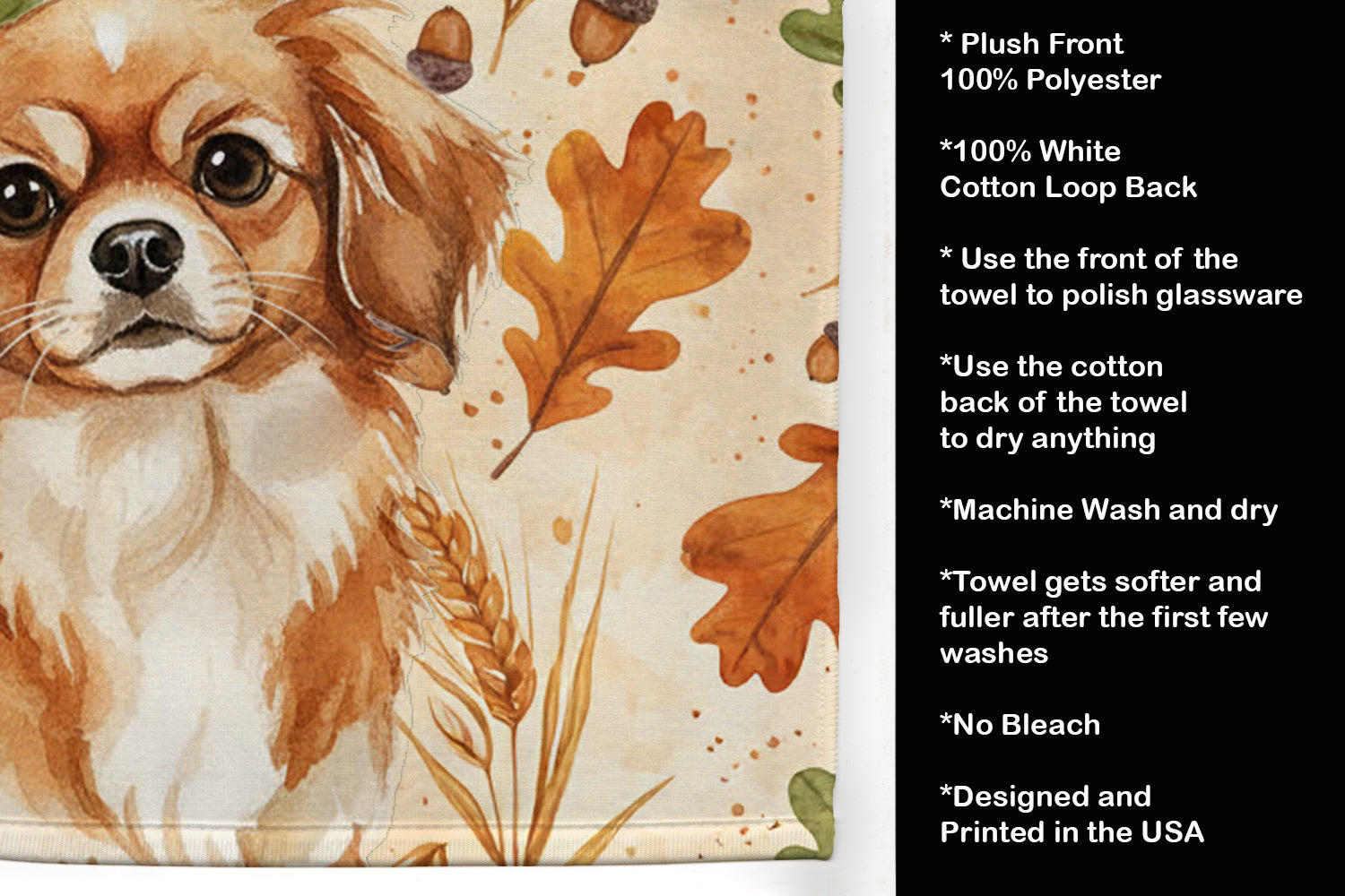 Red Tibetan Spaniel Heirloom Fall Kitchen Towel Velour Plush Front and Cotton Loop Back Machine Washable