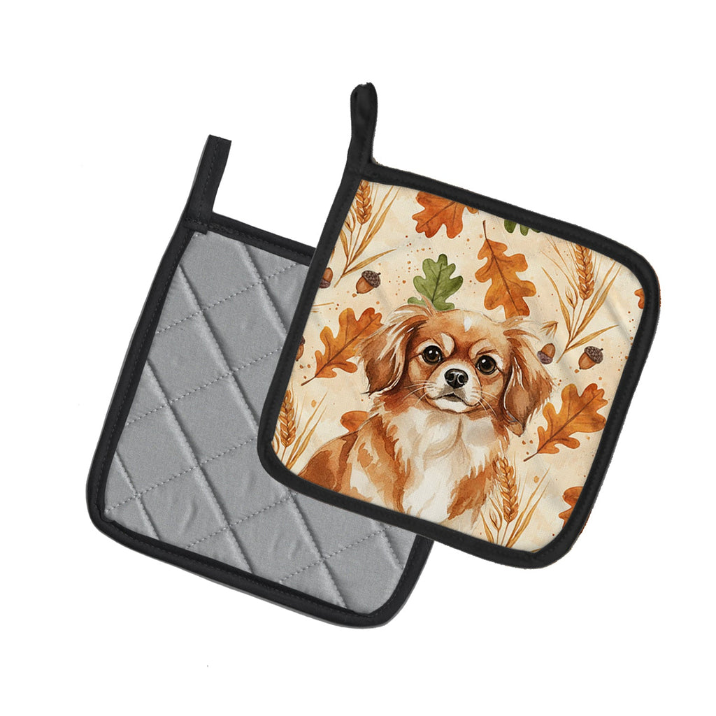 Red Tibetan Spaniel Heirloom Fall Pot Holder Set of 2 Heat Resistant Quilted Hot Pads 7.5 x 7.5 Inch, Insulated Kitchen Trivets for Cooking & Baking