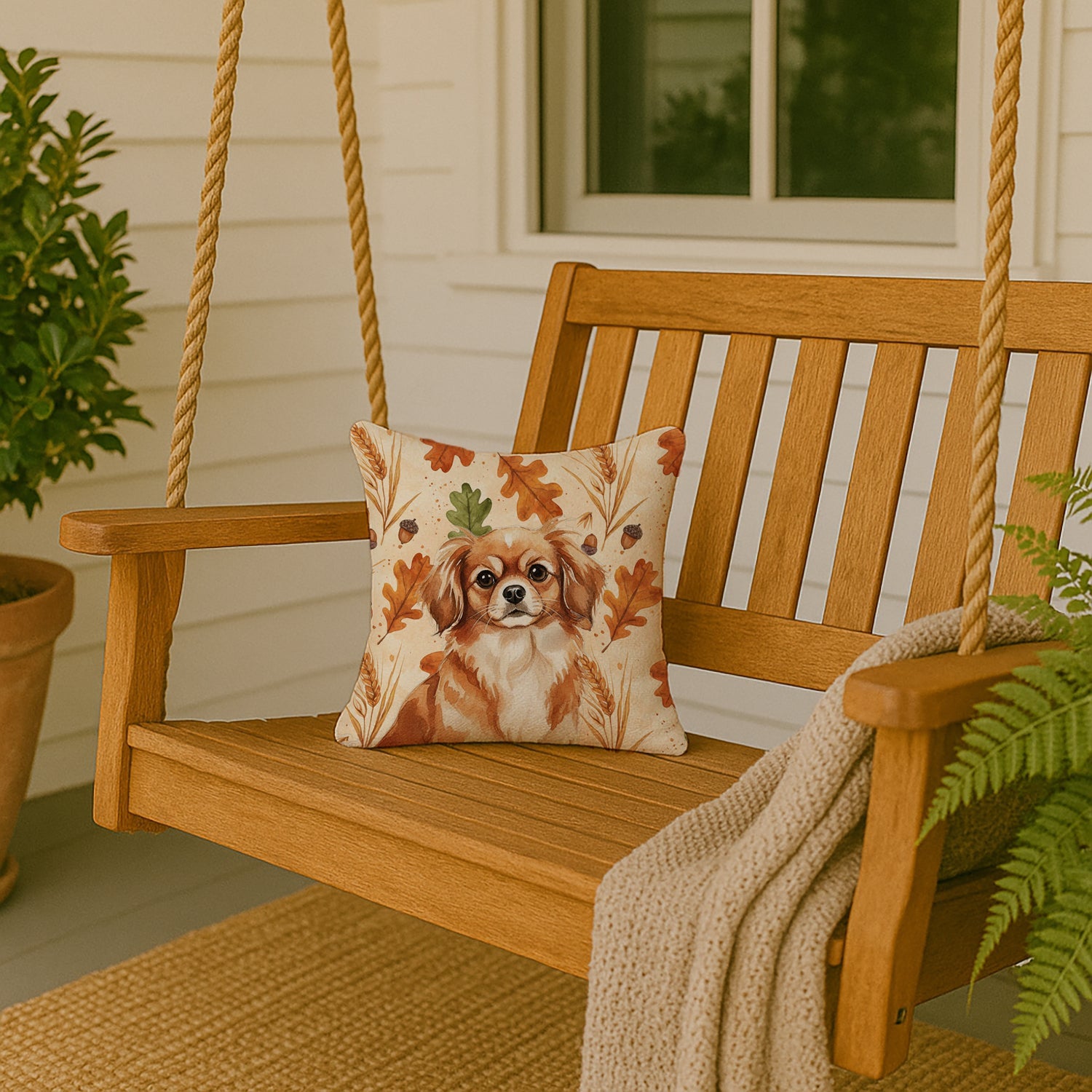 Red Tibetan Spaniel Heirloom Fall Decorative Throw Pillow 14x14 Indoor Outdoor Accent Cushion, Fabric Cover with Insert for Sofa, Bed, Porch & Living Room