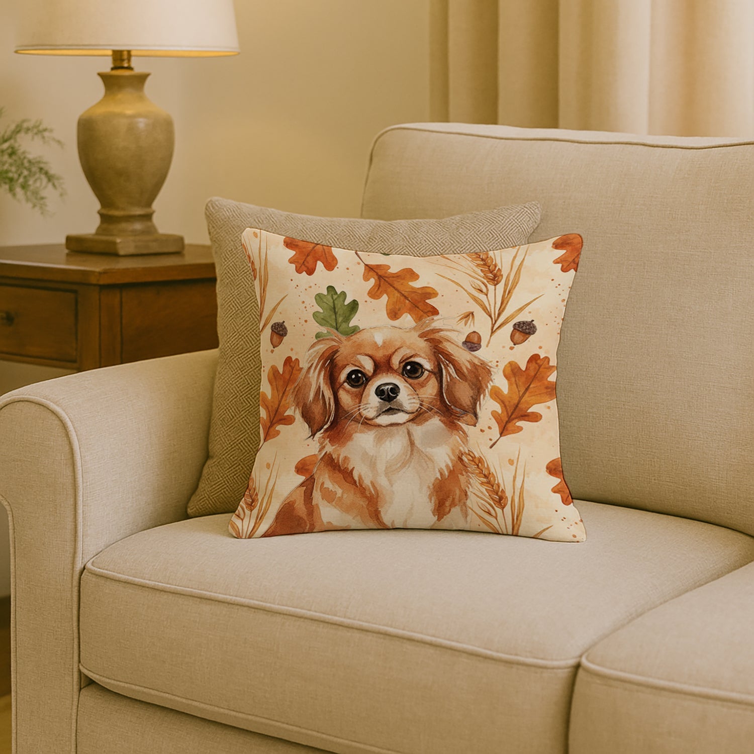 Red Tibetan Spaniel Heirloom Fall Decorative Throw Pillow 18x18 Indoor Outdoor Accent Cushion, Fabric Cover with Insert for Sofa, Bed, Porch & Living Room