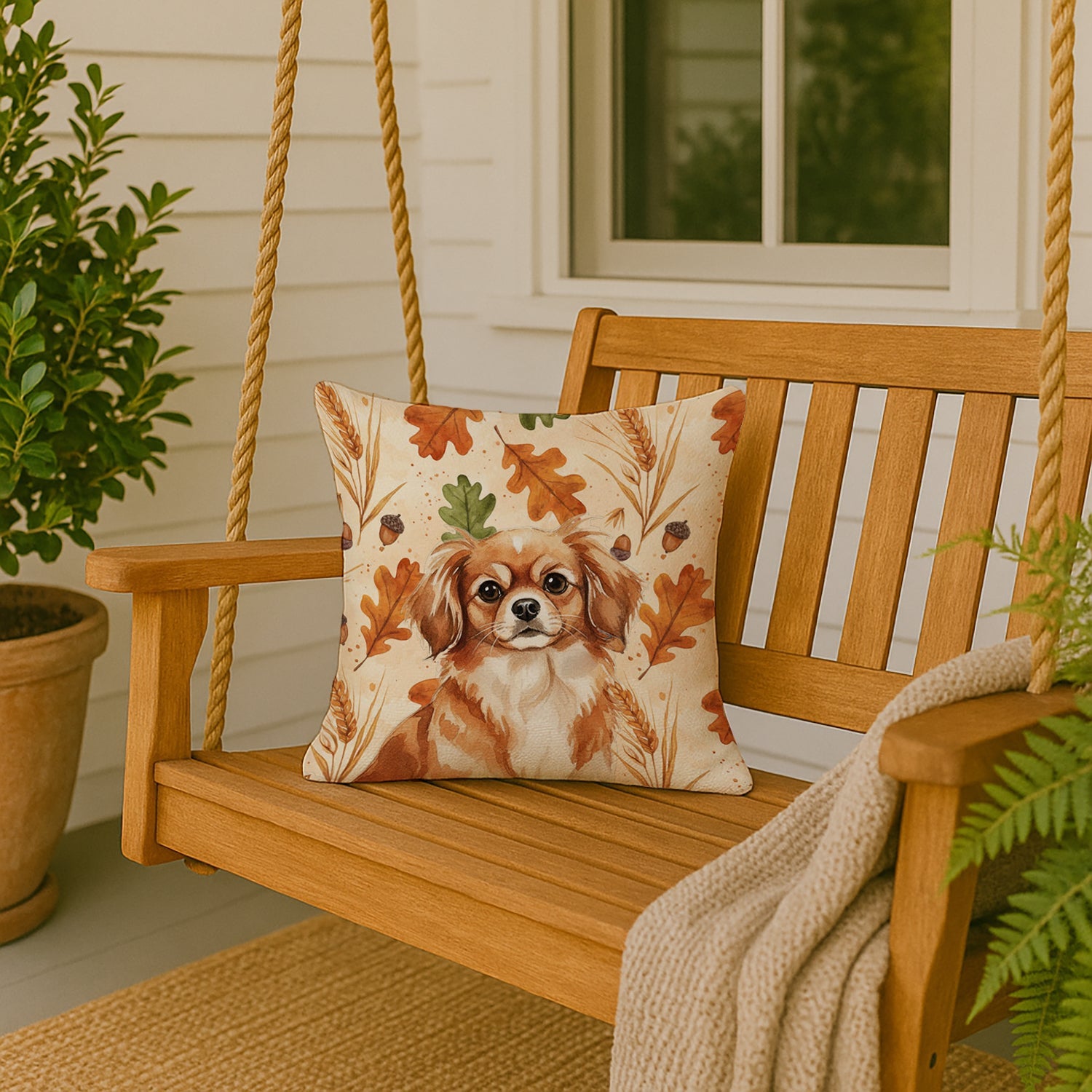 Red Tibetan Spaniel Heirloom Fall Decorative Throw Pillow 18x18 Indoor Outdoor Accent Cushion, Fabric Cover with Insert for Sofa, Bed, Porch & Living Room