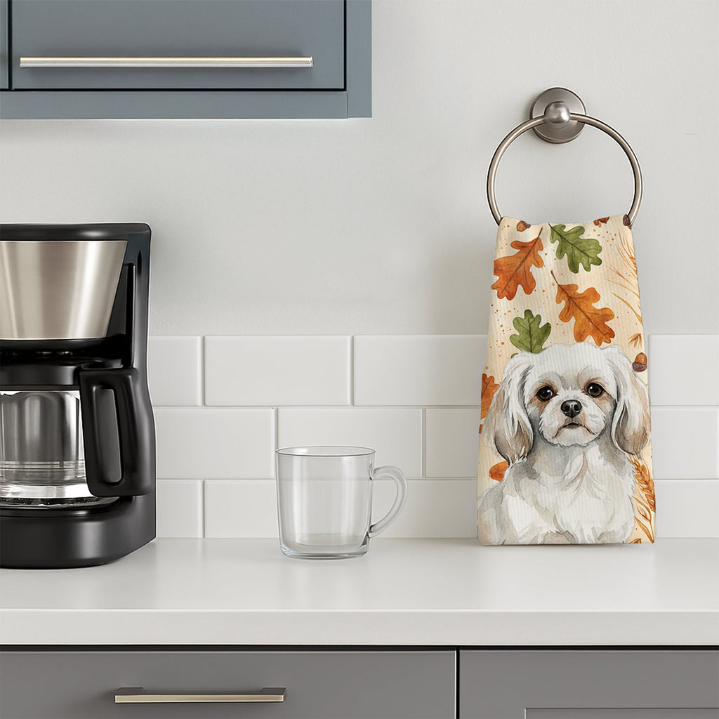 White Tibetan Spaniel Heirloom Fall Kitchen Towel Velour Plush Front and Cotton Loop Back Machine Washable