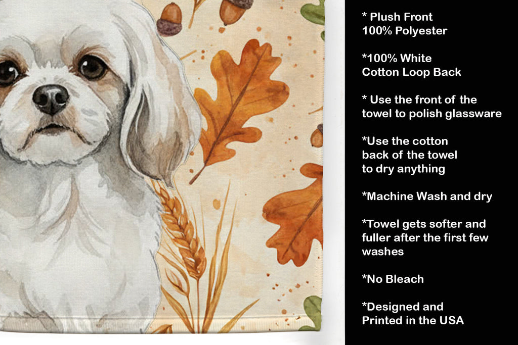 White Tibetan Spaniel Heirloom Fall Kitchen Towel Velour Plush Front and Cotton Loop Back Machine Washable