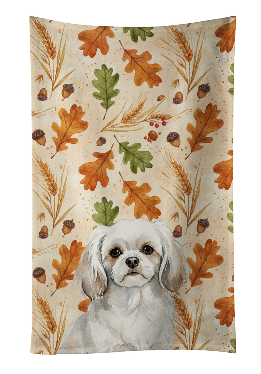 White Tibetan Spaniel Heirloom Fall Kitchen Towel Velour Plush Front and Cotton Loop Back Machine Washable