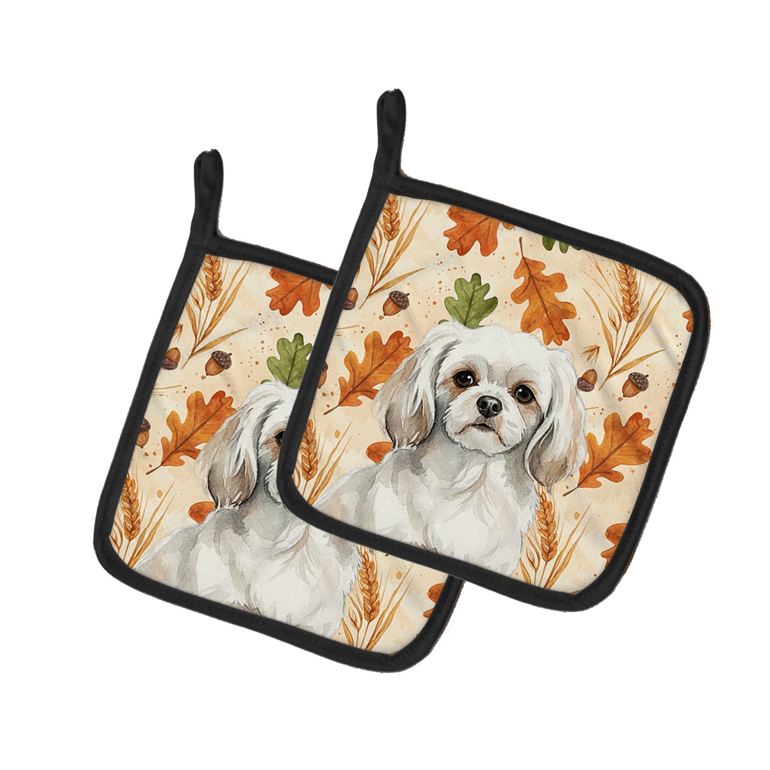 White Tibetan Spaniel Heirloom Fall Pot Holder Set of 2 Heat Resistant Quilted Hot Pads 7.5 x 7.5 Inch, Insulated Kitchen Trivets for Cooking & Baking