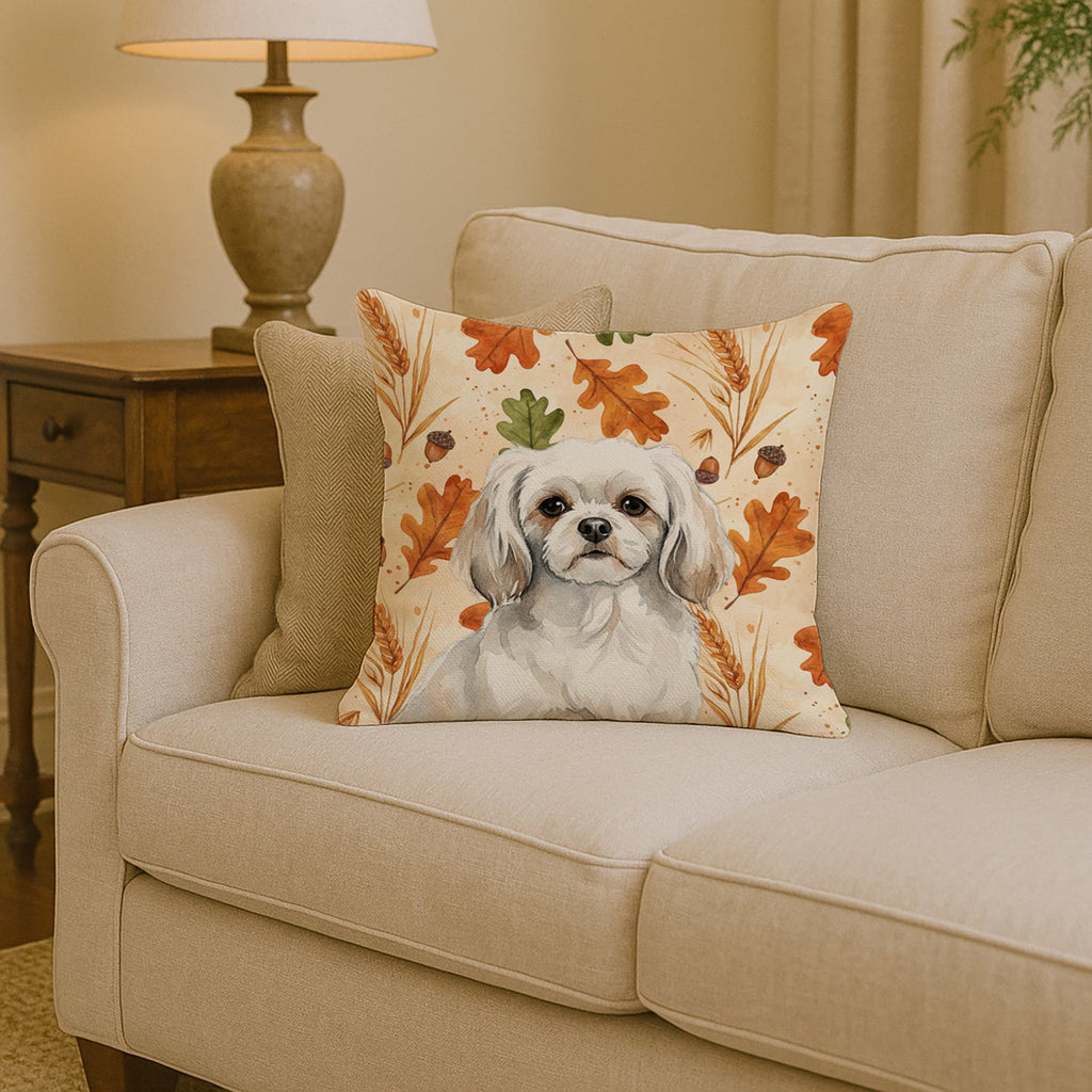 White Tibetan Spaniel Heirloom Fall Decorative Throw Pillow 14x14 Indoor Outdoor Accent Cushion, Fabric Cover with Insert for Sofa, Bed, Porch & Living Room