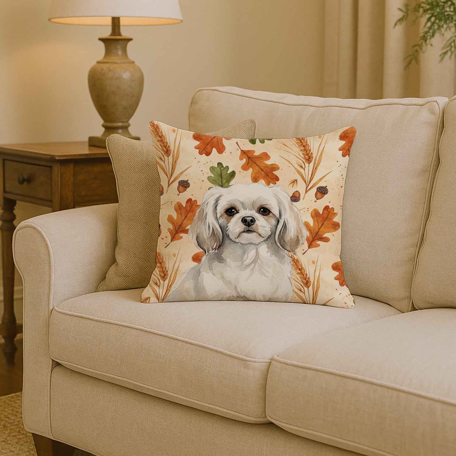 White Tibetan Spaniel Heirloom Fall Decorative Throw Pillow 14x14 Indoor Outdoor Accent Cushion, Fabric Cover with Insert for Sofa, Bed, Porch & Living Room