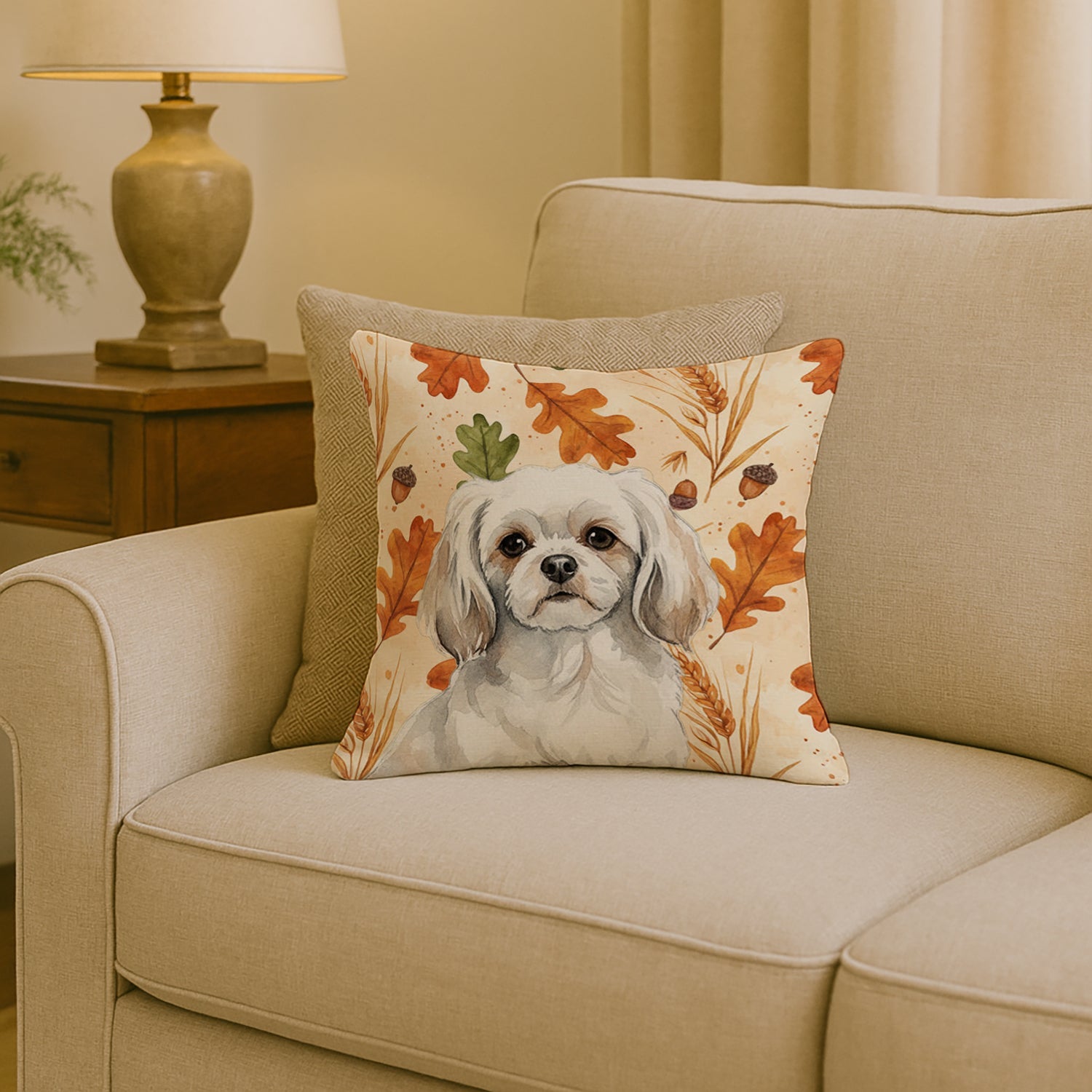 White Tibetan Spaniel Heirloom Fall Decorative Throw Pillow 18x18 Indoor Outdoor Accent Cushion, Fabric Cover with Insert for Sofa, Bed, Porch & Living Room