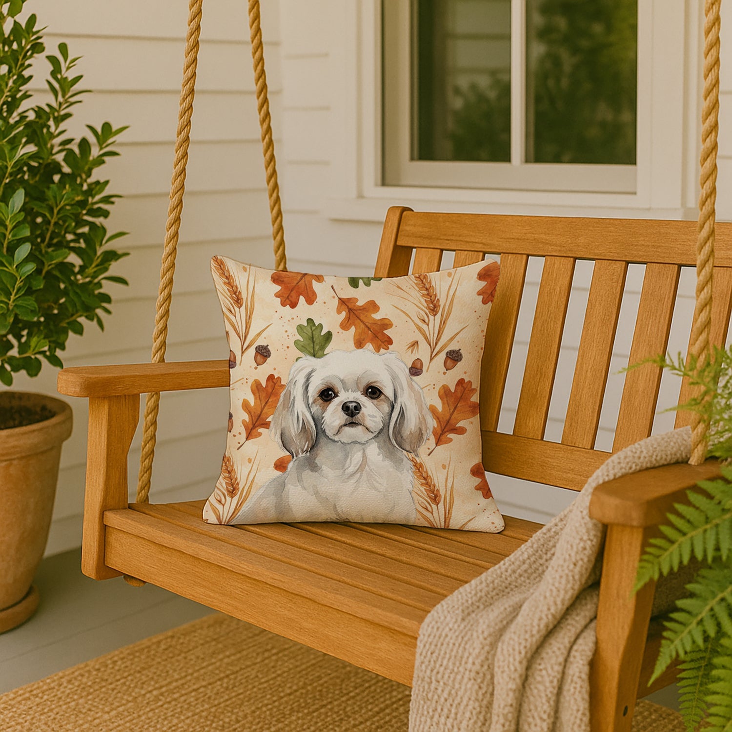 White Tibetan Spaniel Heirloom Fall Decorative Throw Pillow 18x18 Indoor Outdoor Accent Cushion, Fabric Cover with Insert for Sofa, Bed, Porch & Living Room