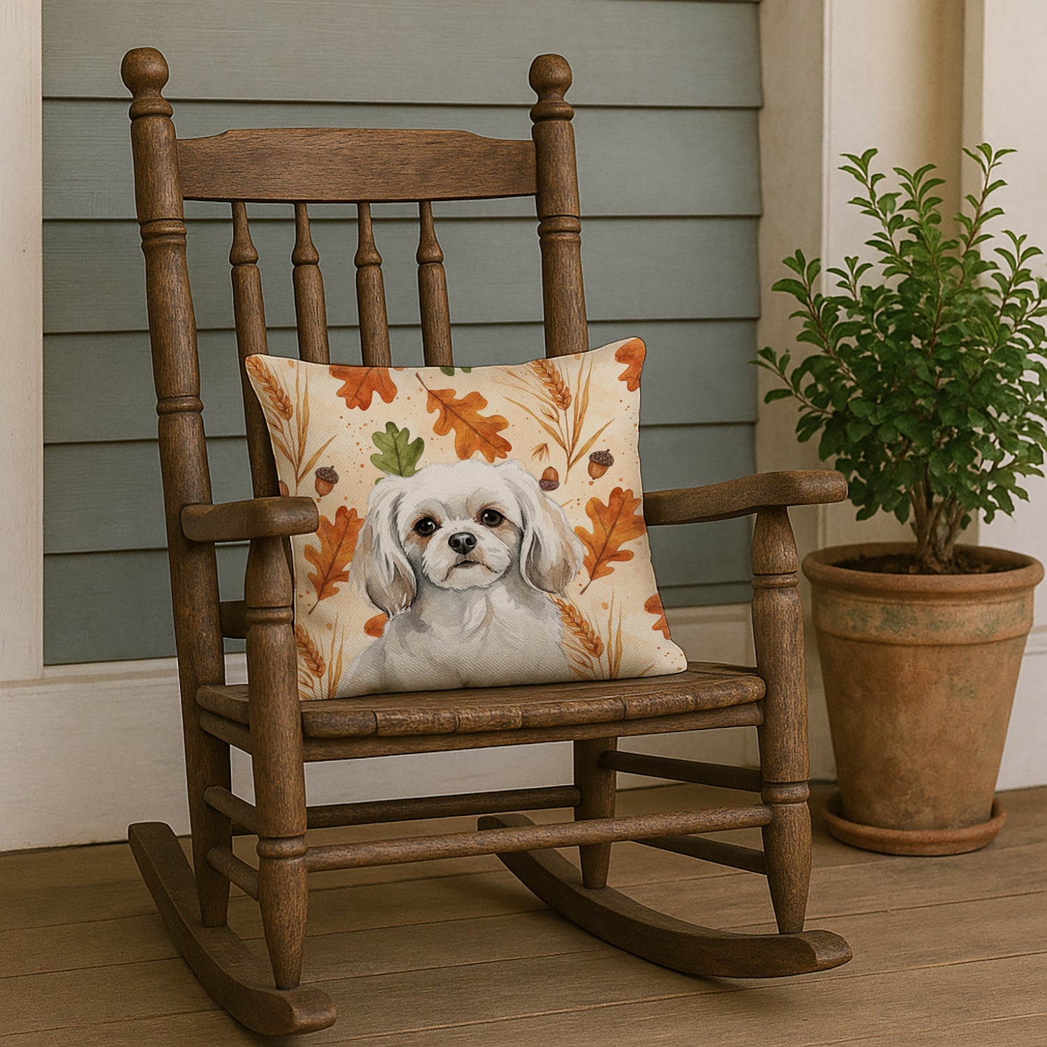White Tibetan Spaniel Heirloom Fall Decorative Throw Pillow 18x18 Indoor Outdoor Accent Cushion, Fabric Cover with Insert for Sofa, Bed, Porch & Living Room