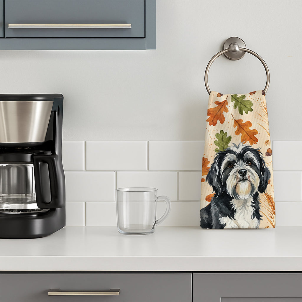 Black and White Tibetan Terrier Heirloom Fall Kitchen Towel Velour Plush Front and Cotton Loop Back Machine Washable