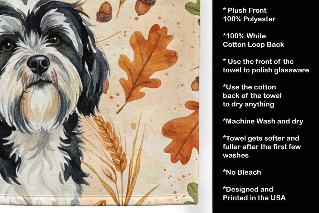 Black and White Tibetan Terrier Heirloom Fall Kitchen Towel Velour Plush Front and Cotton Loop Back Machine Washable