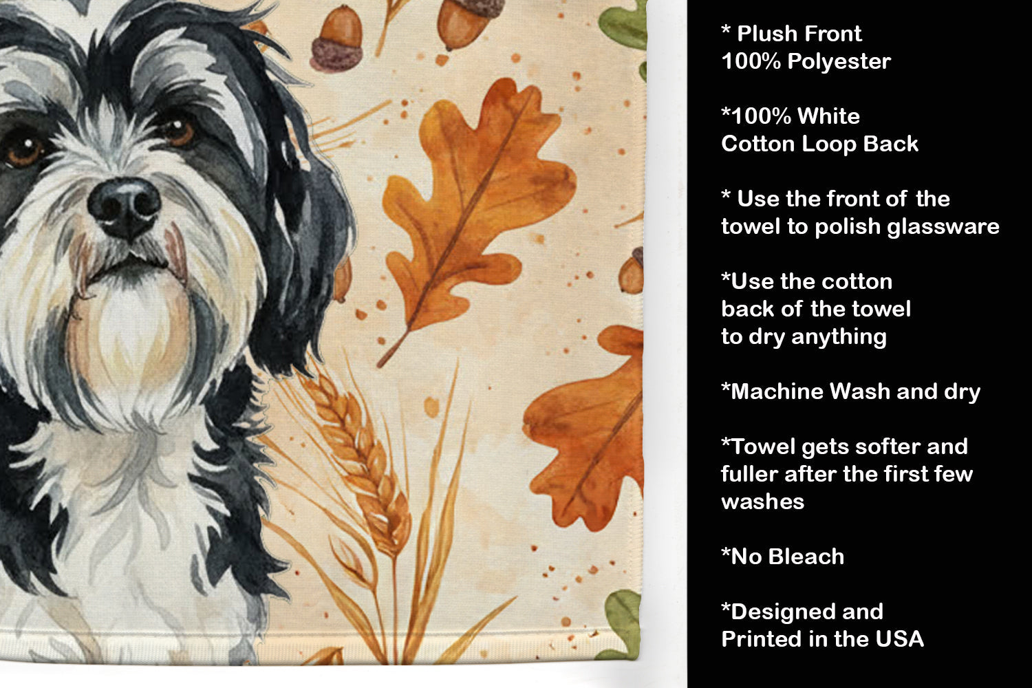 Black and White Tibetan Terrier Heirloom Fall Kitchen Towel Velour Plush Front and Cotton Loop Back Machine Washable