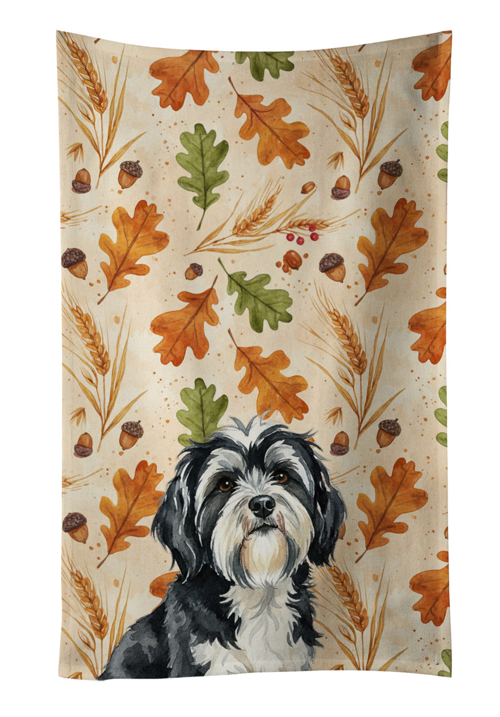 Black and White Tibetan Terrier Heirloom Fall Kitchen Towel Velour Plush Front and Cotton Loop Back Machine Washable