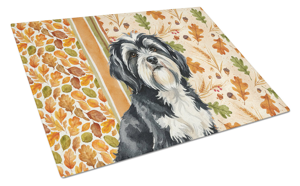 Black and White Tibetan Terrier Heirloom Fall Cutting Board Tempered Glass Kitchen Cutting Surface, Heat Resistant Chopping, Non-Slip Feet, Food Prep & Serving
