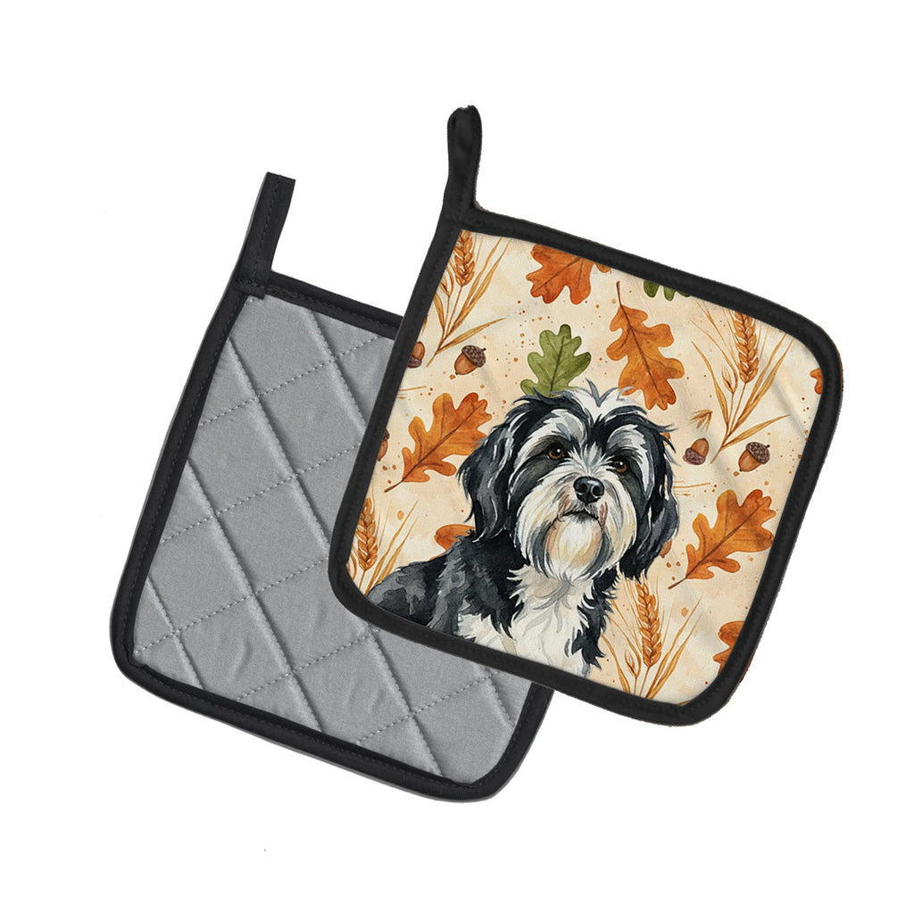 Black and White Tibetan Terrier Heirloom Fall Pot Holder Set of 2 Heat Resistant Quilted Hot Pads 7.5 x 7.5 Inch, Insulated Kitchen Trivets for Cooking & Baking