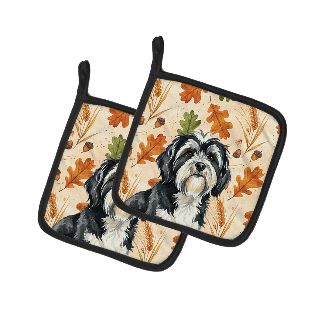 Black and White Tibetan Terrier Heirloom Fall Pot Holder Set of 2 Heat Resistant Quilted Hot Pads 7.5 x 7.5 Inch, Insulated Kitchen Trivets for Cooking & Baking