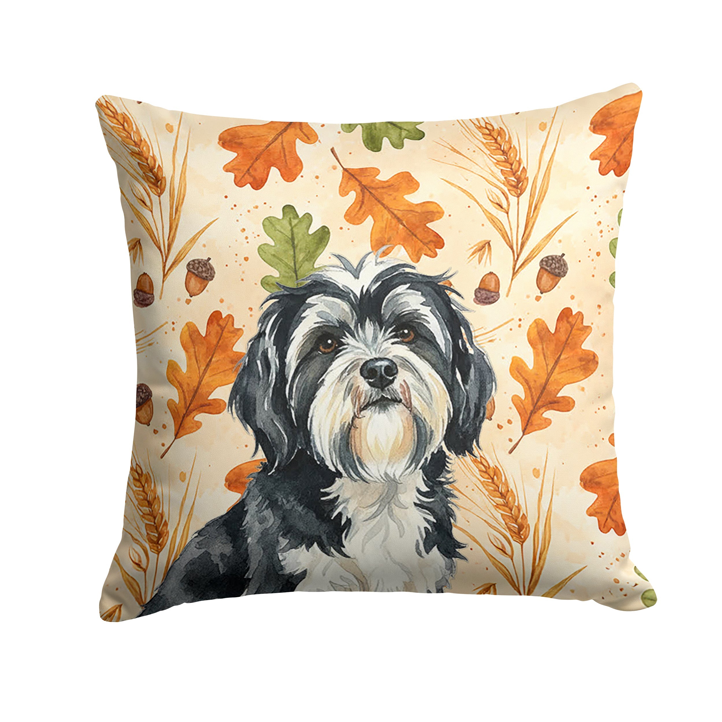 Black and White Tibetan Terrier Heirloom Fall Decorative Throw Pillow 14x14 Indoor Outdoor Accent Cushion, Fabric Cover with Insert for Sofa, Bed, Porch & Living Room