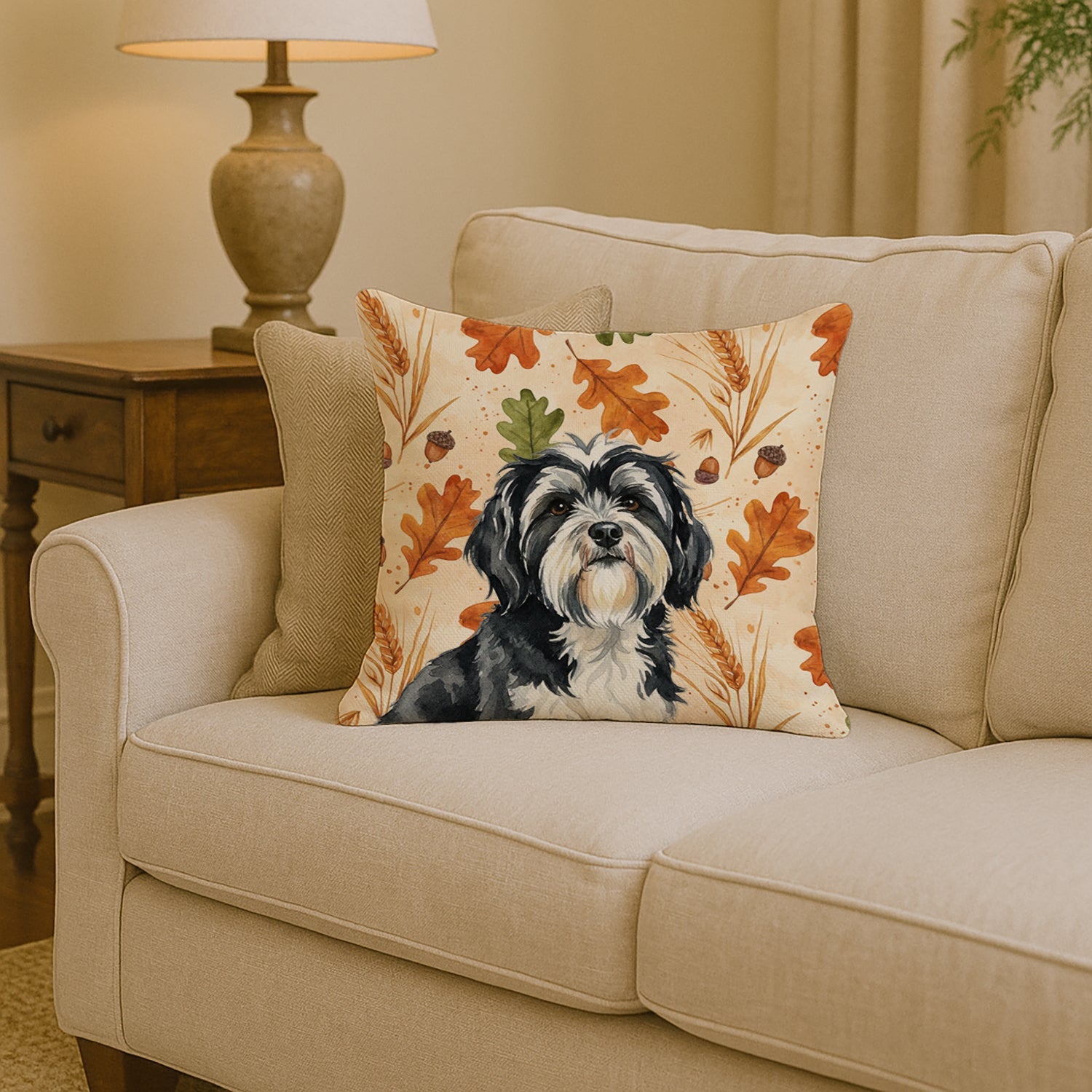 Black and White Tibetan Terrier Heirloom Fall Decorative Throw Pillow 14x14 Indoor Outdoor Accent Cushion, Fabric Cover with Insert for Sofa, Bed, Porch & Living Room