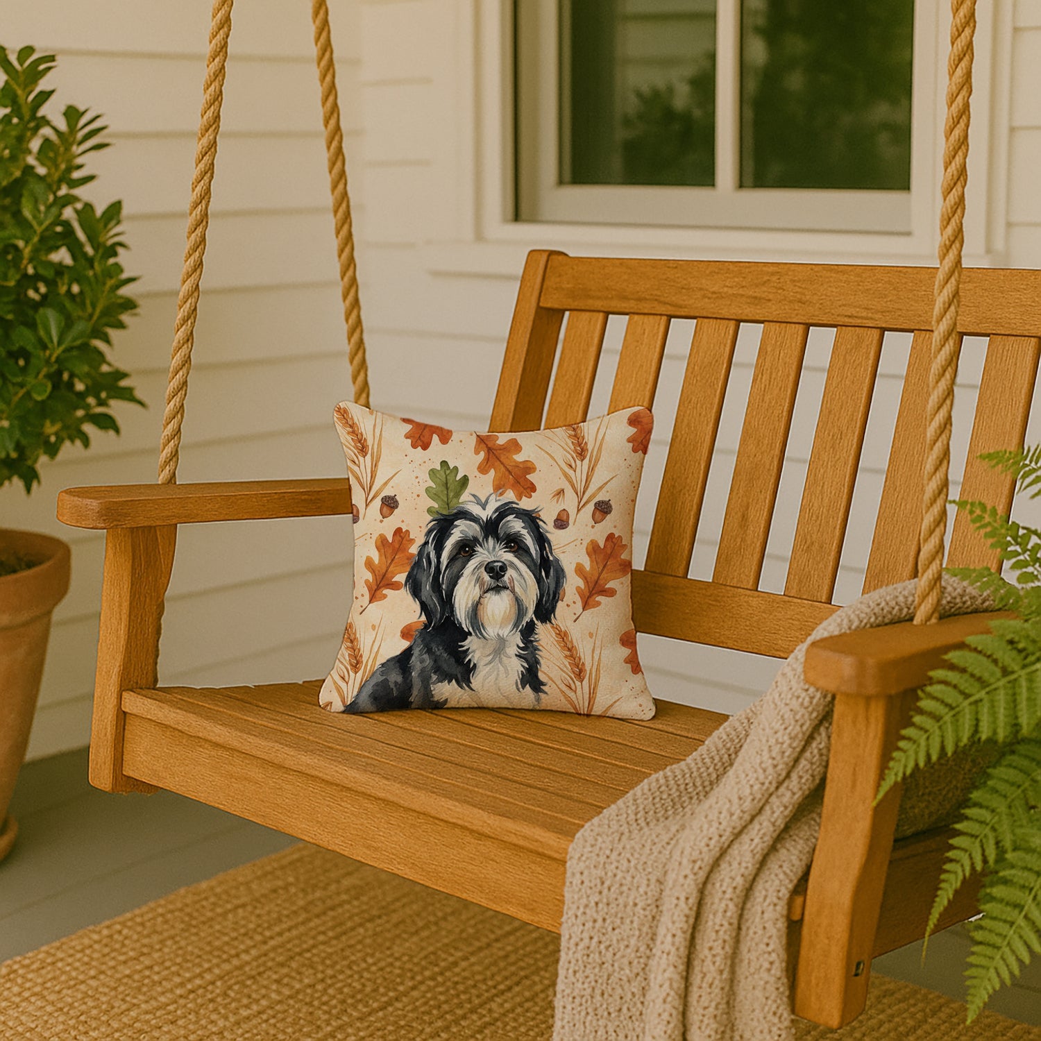 Black and White Tibetan Terrier Heirloom Fall Decorative Throw Pillow 14x14 Indoor Outdoor Accent Cushion, Fabric Cover with Insert for Sofa, Bed, Porch & Living Room